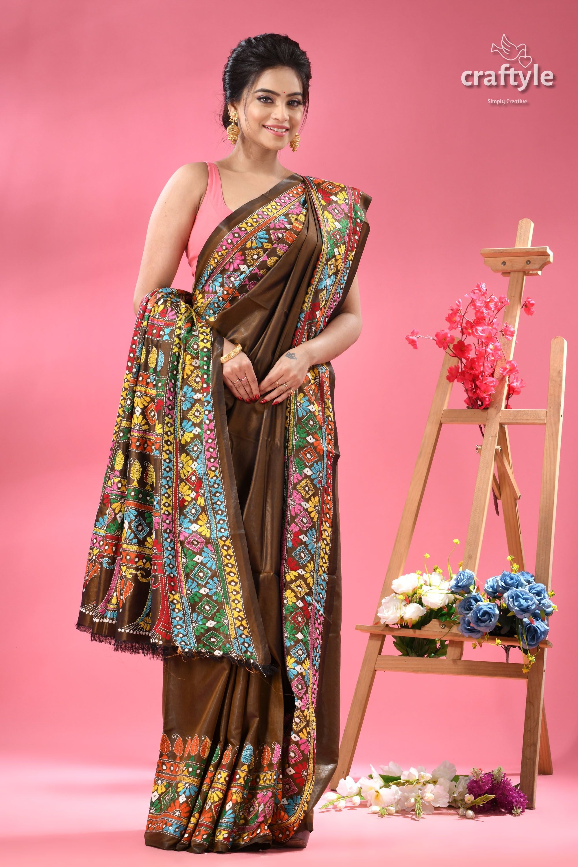 Dark Brown Multi-thread Exclusive Silk Kantha Saree