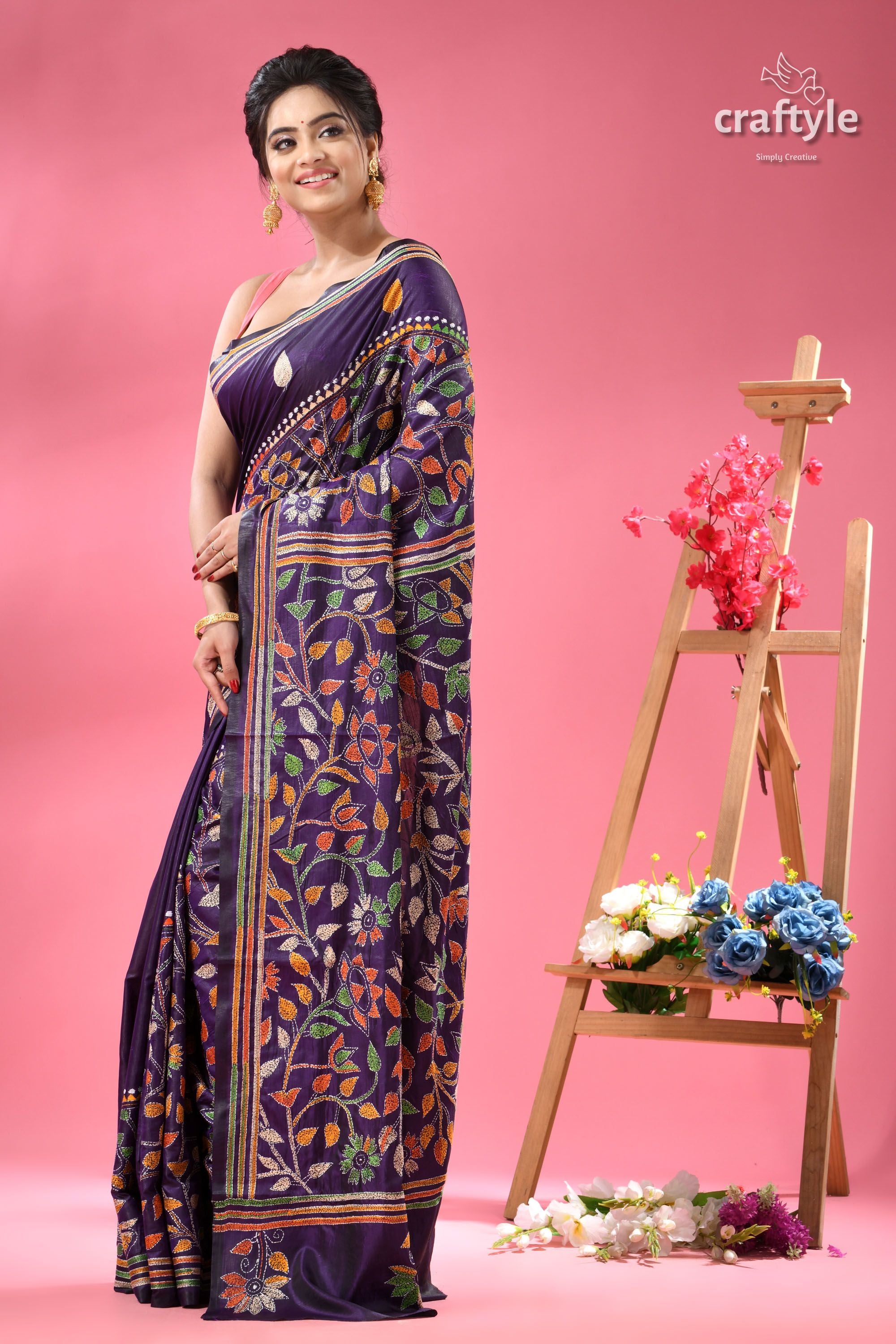 Dark Slate Blue Multi-thread Traditional Silk Kantha Saree