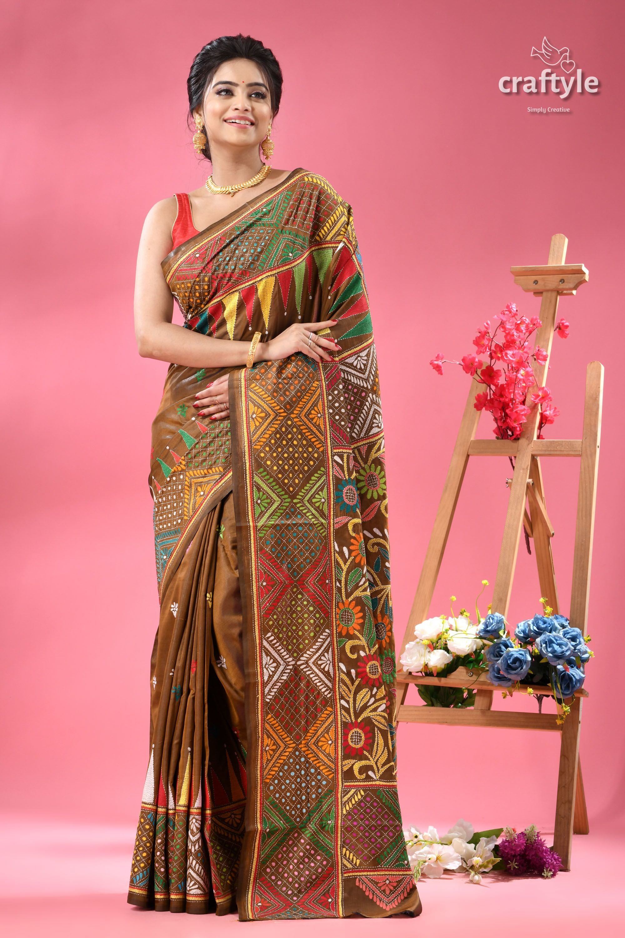 Dark Tan Rainbow Thread Shantiniketan Silk Kantha Saree