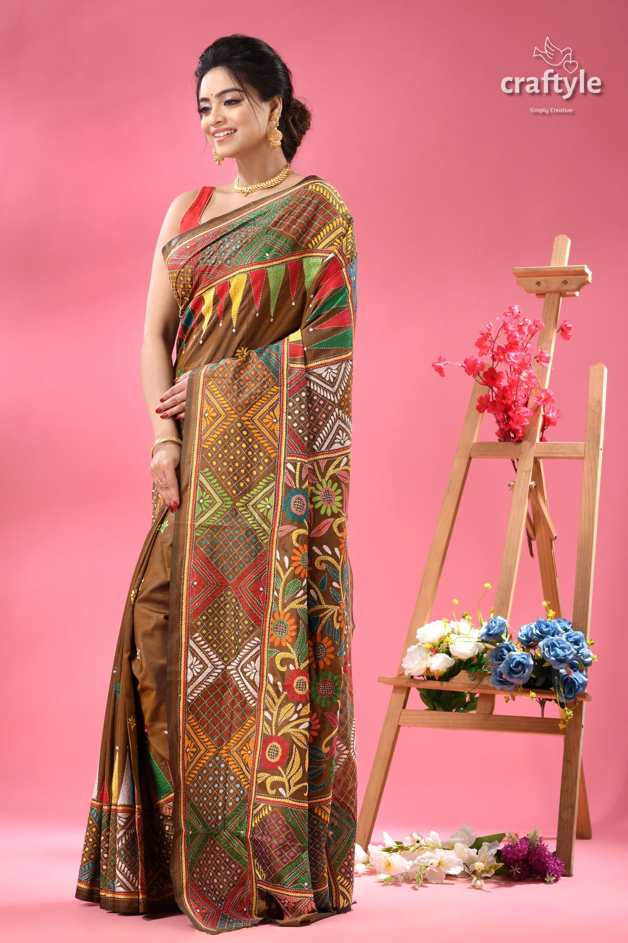 Dark Tan Rainbow Thread Shantiniketan Silk Kantha Saree