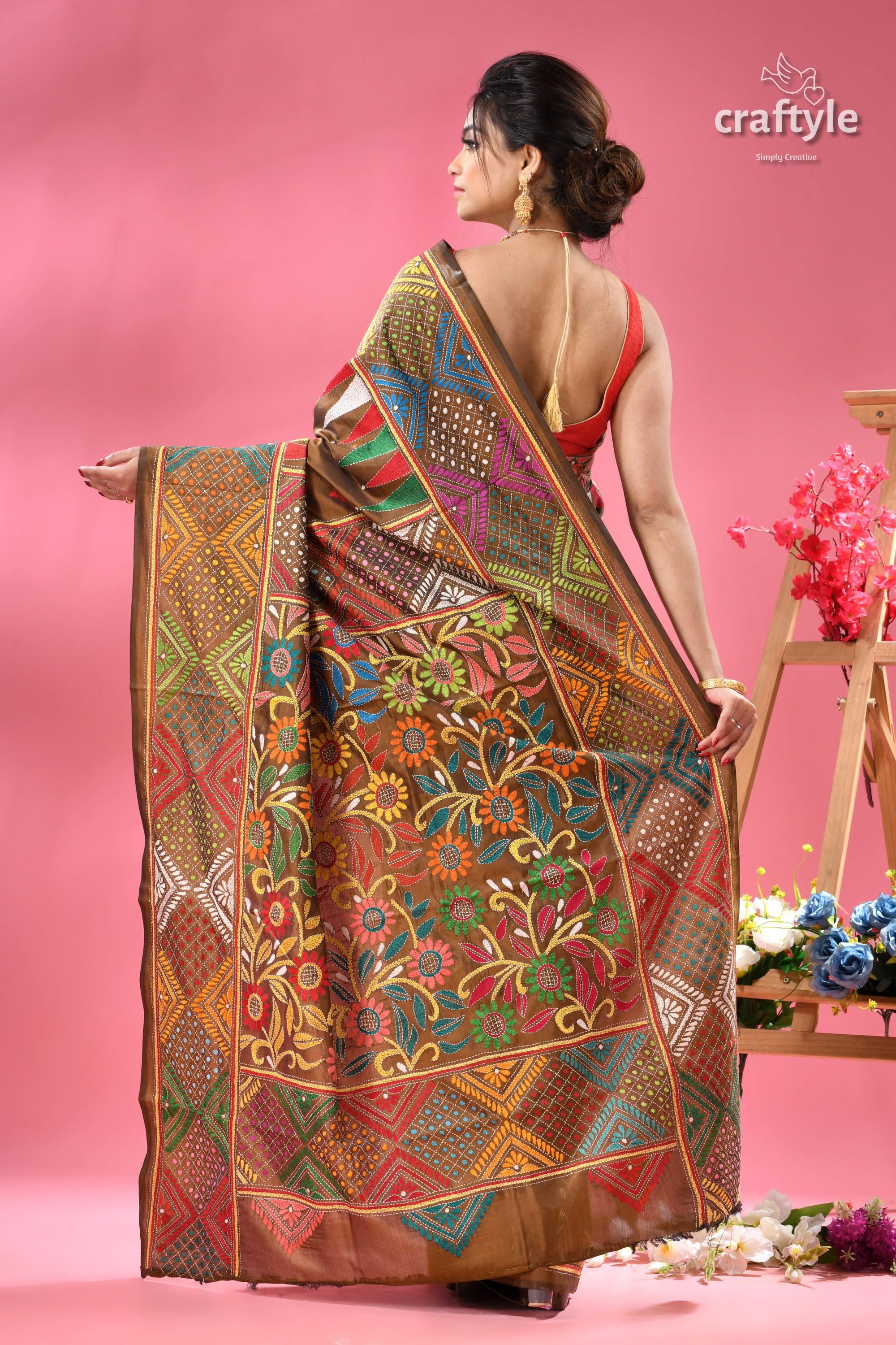 Dark Tan Rainbow Thread Shantiniketan Silk Kantha Saree