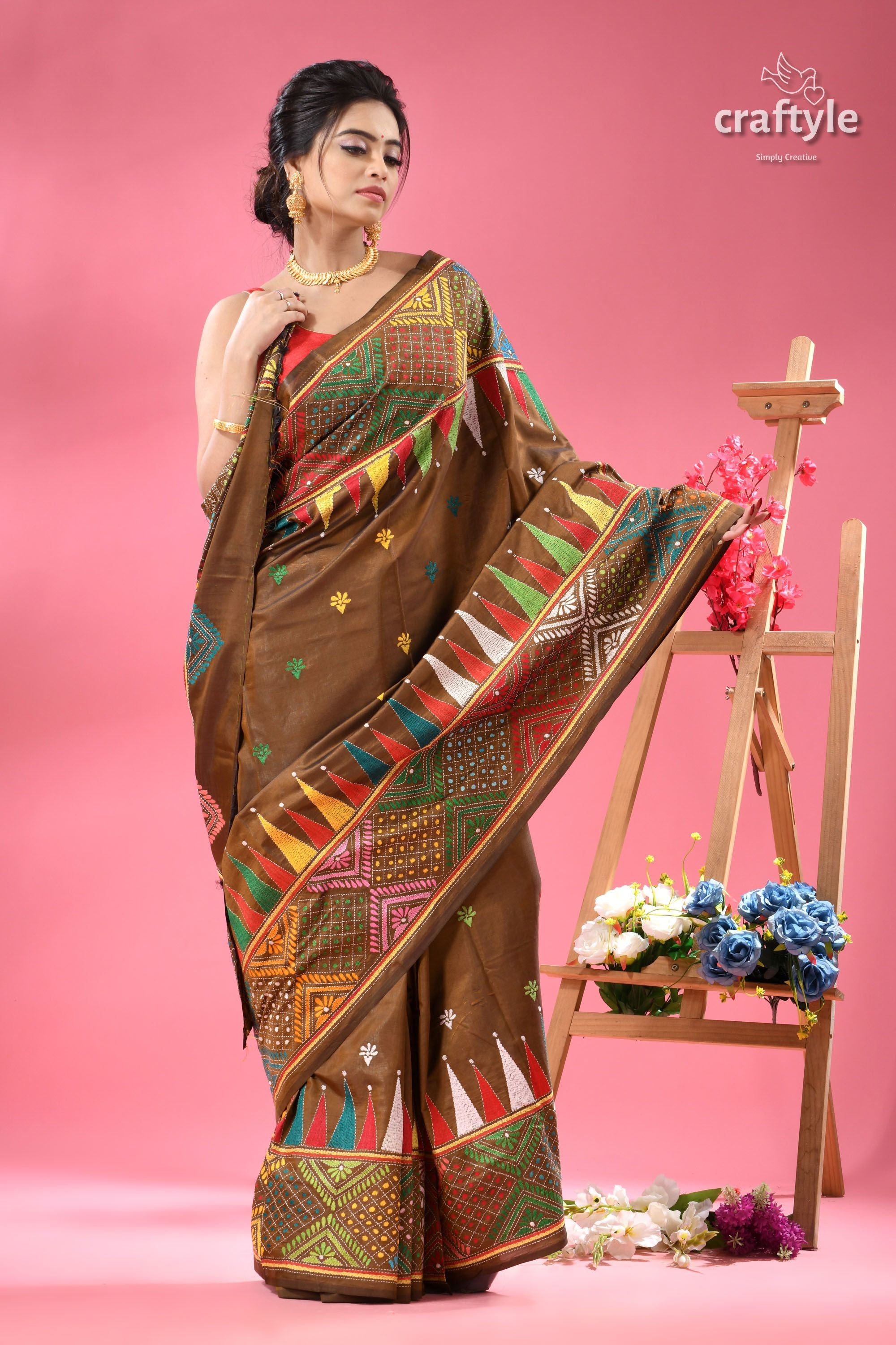 Dark Tan Rainbow Thread Shantiniketan Silk Kantha Saree