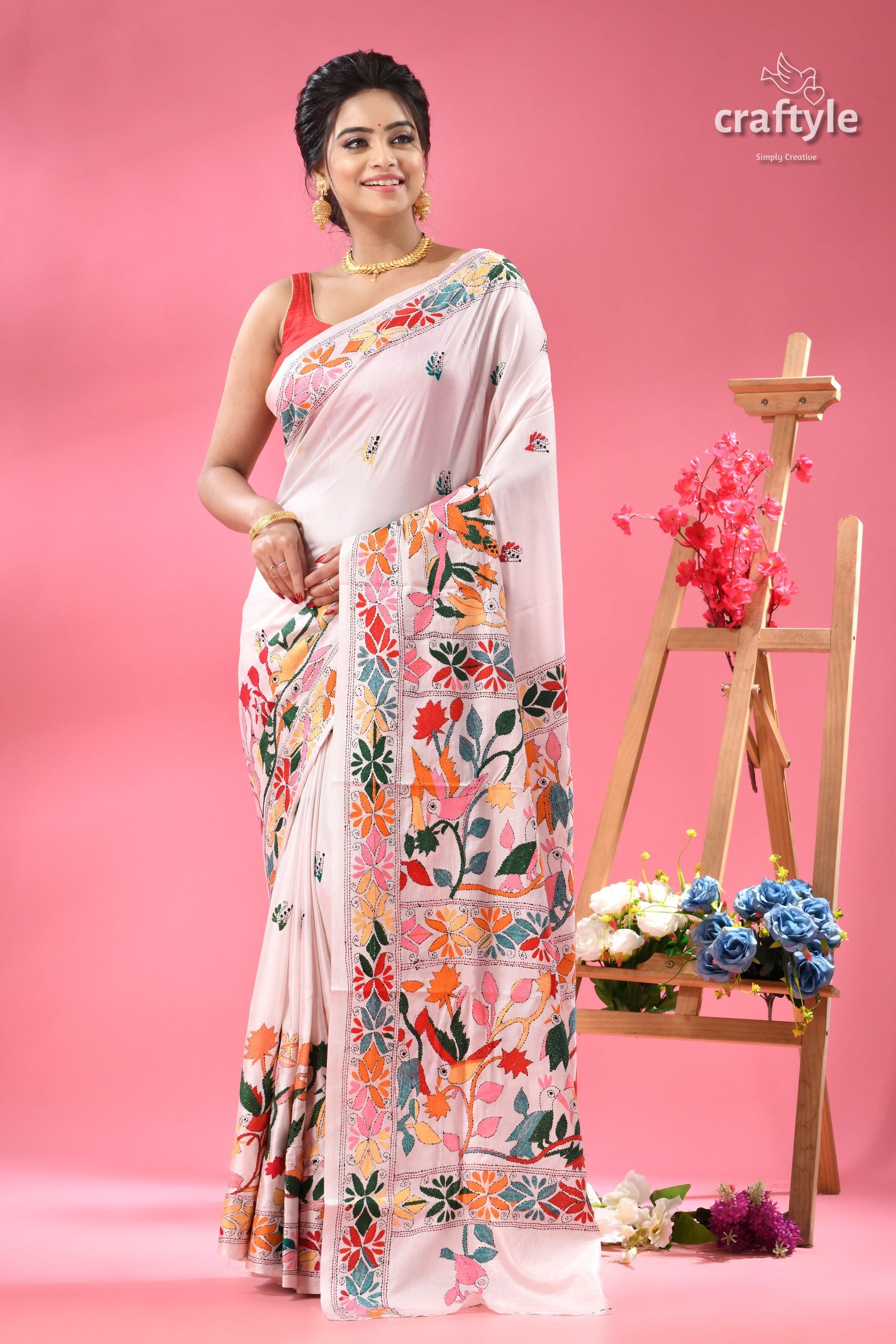 Bird and Blossom Motif White Silk Kantha Saree