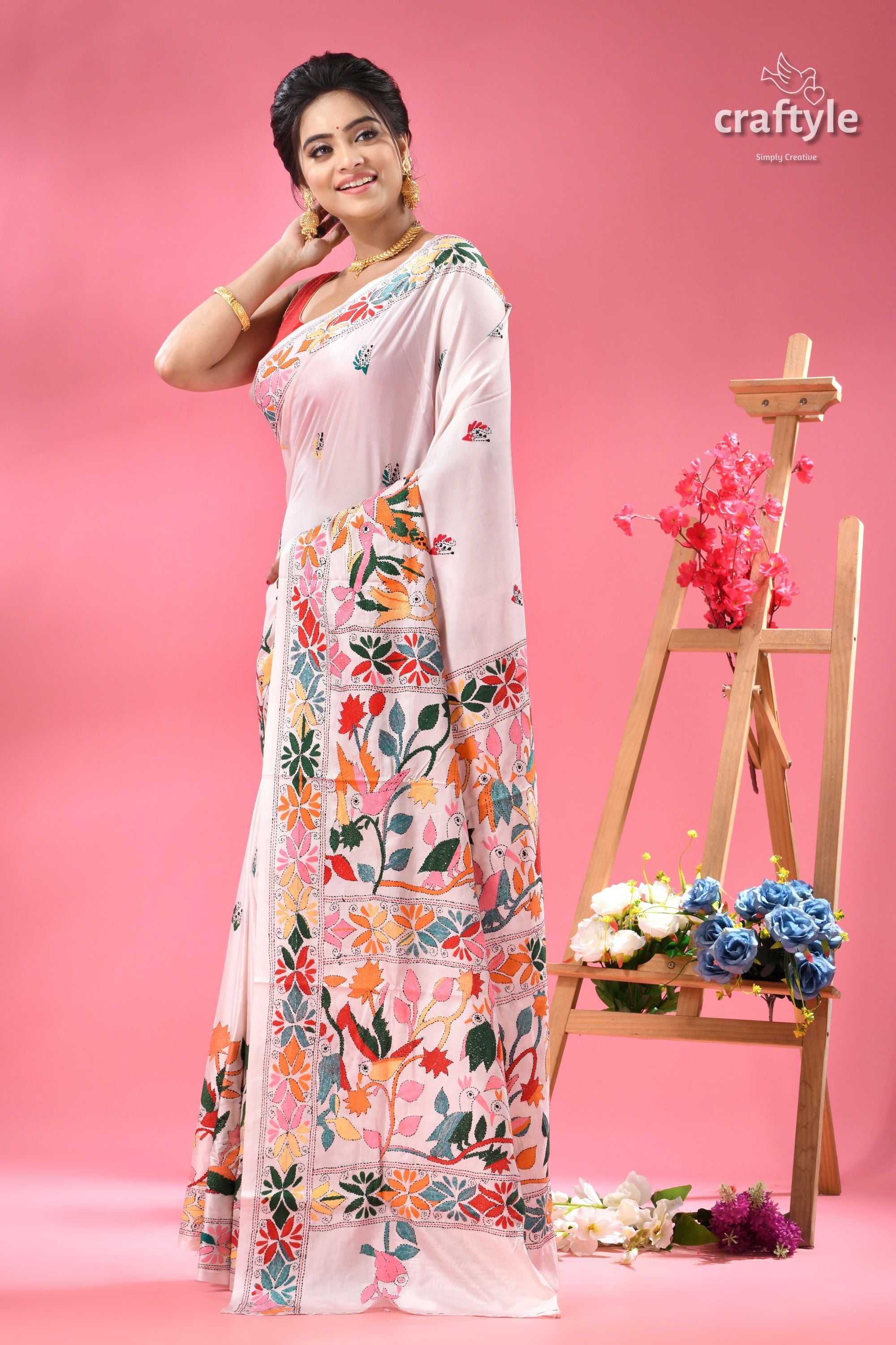 Bird and Blossom Motif White Silk Kantha Saree
