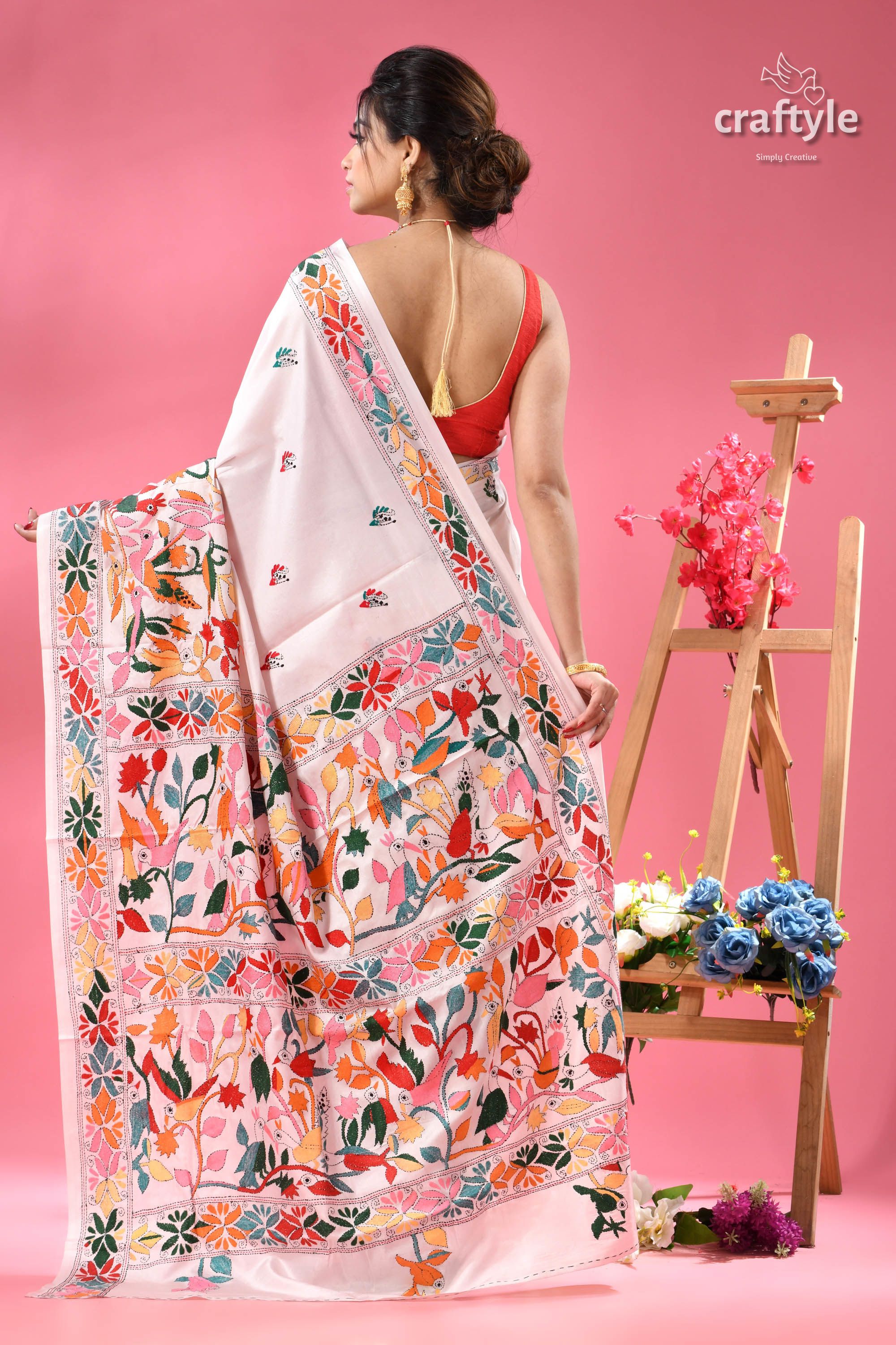 Bird and Blossom Motif White Silk Kantha Saree