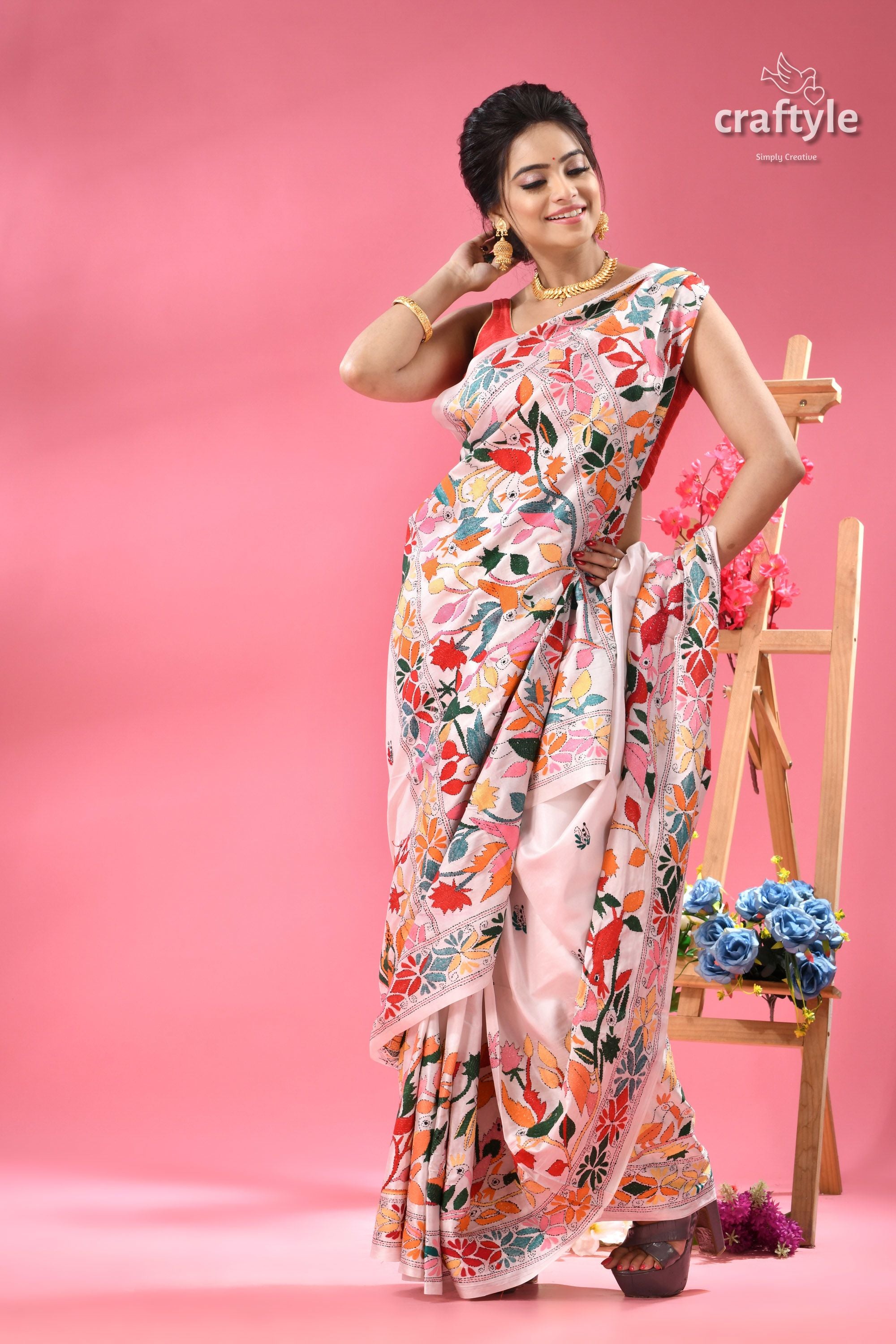 Bird and Blossom Motif White Silk Kantha Saree