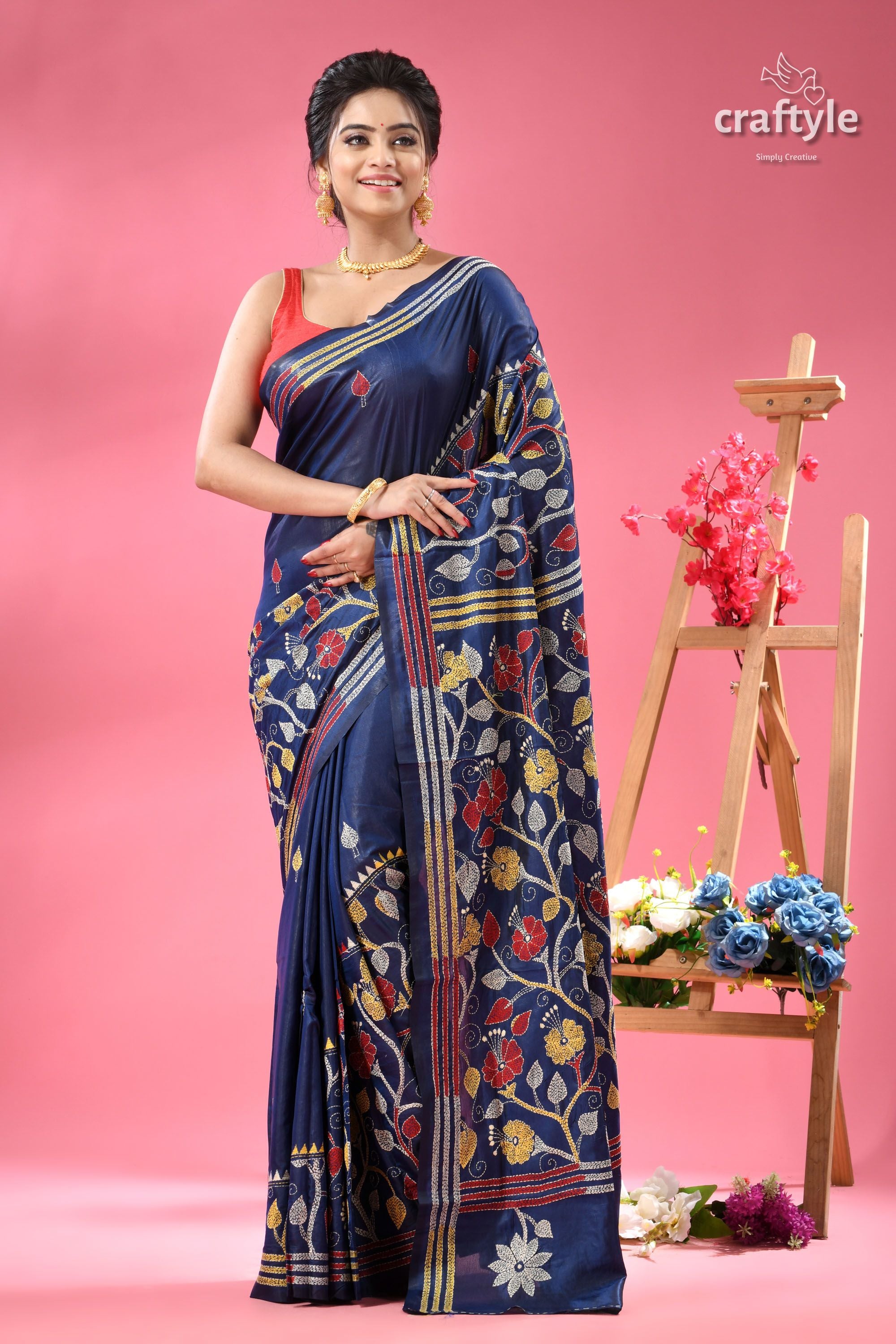 Cobalt Blue Hibiscus Motif Handcrafted Silk Kantha Saree