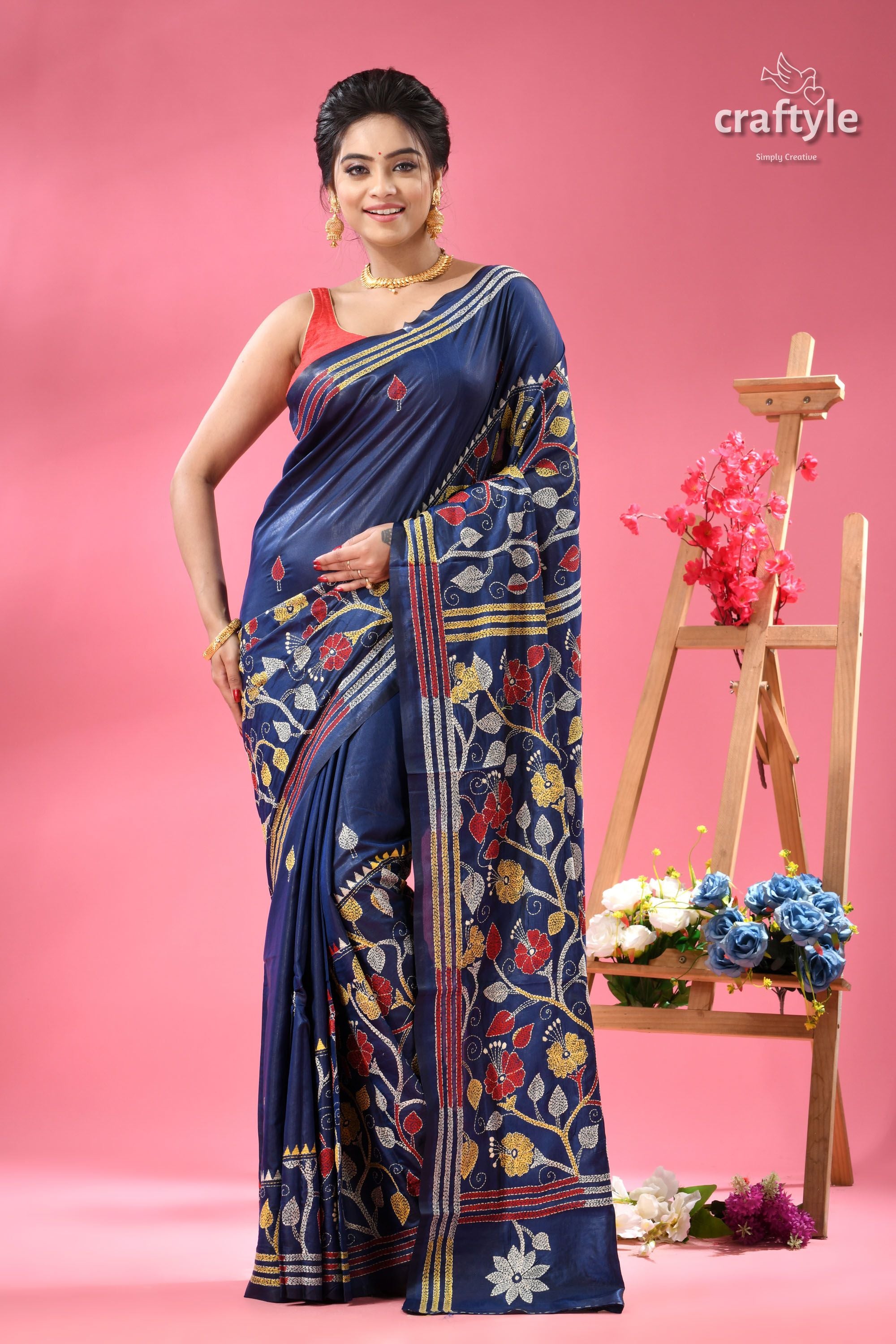 Cobalt Blue Hibiscus Motif Handcrafted Silk Kantha Saree