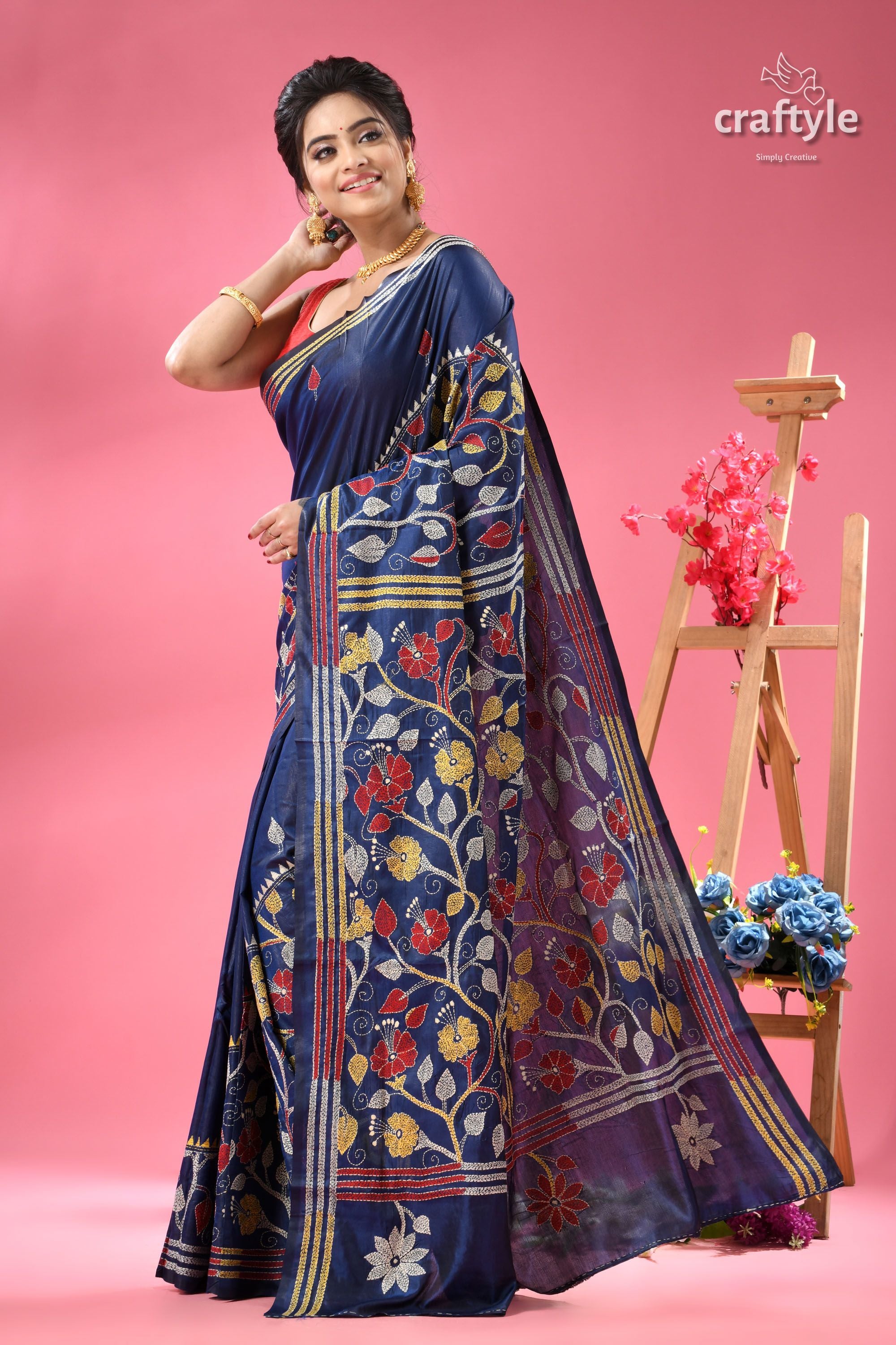 Cobalt Blue Hibiscus Motif Handcrafted Silk Kantha Saree