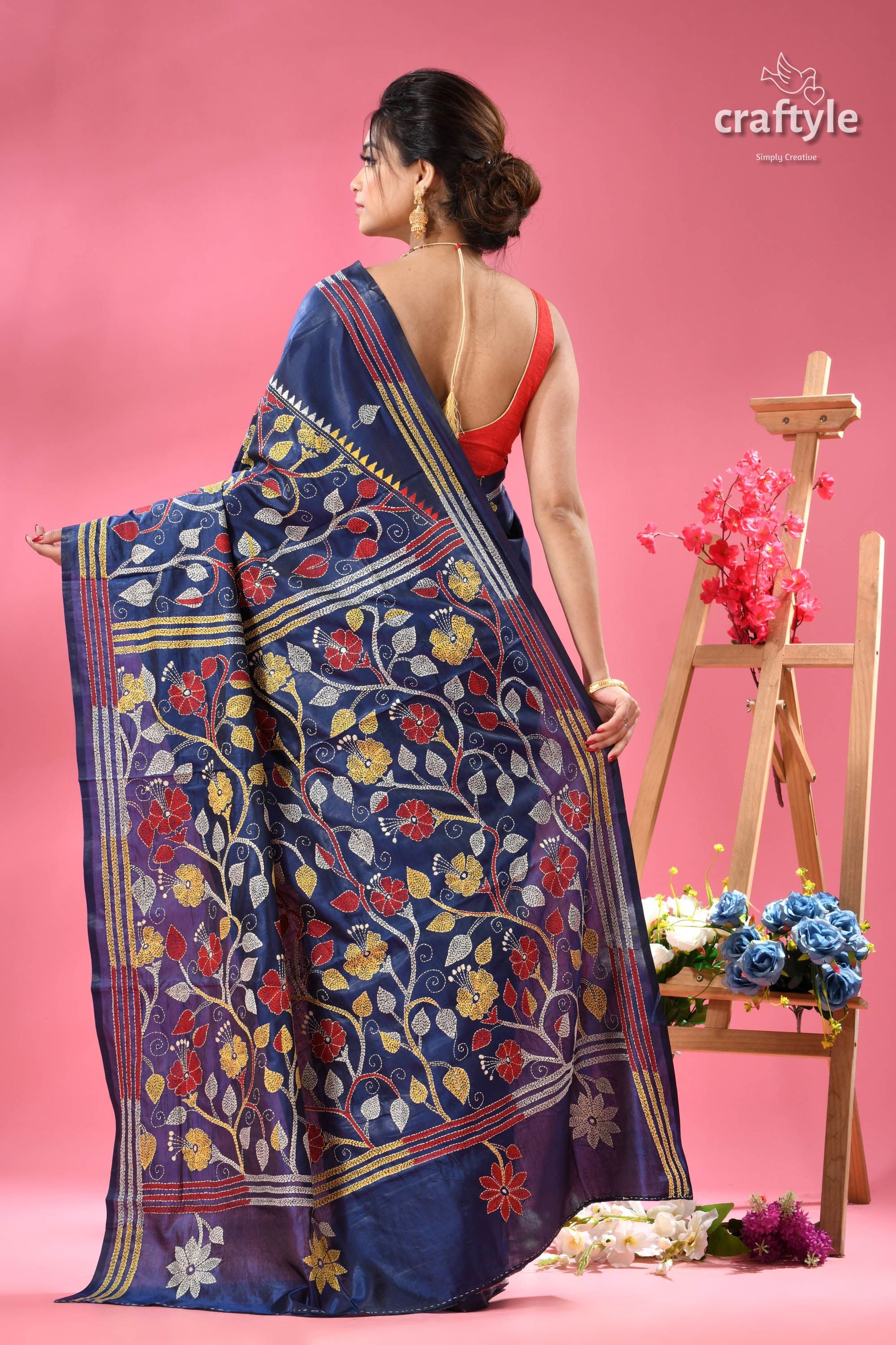 Cobalt Blue Hibiscus Motif Handcrafted Silk Kantha Saree