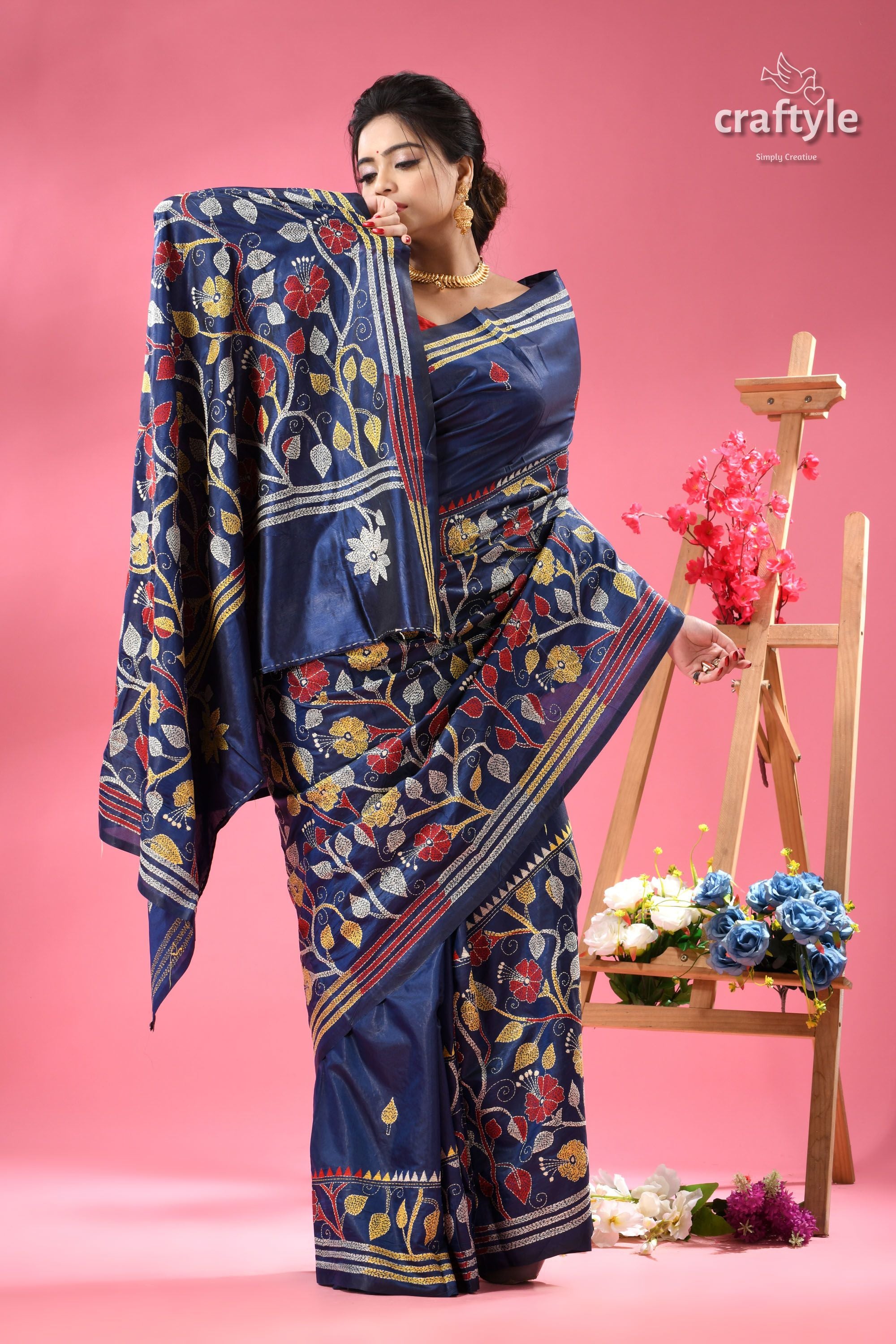 Cobalt Blue Hibiscus Motif Handcrafted Silk Kantha Saree
