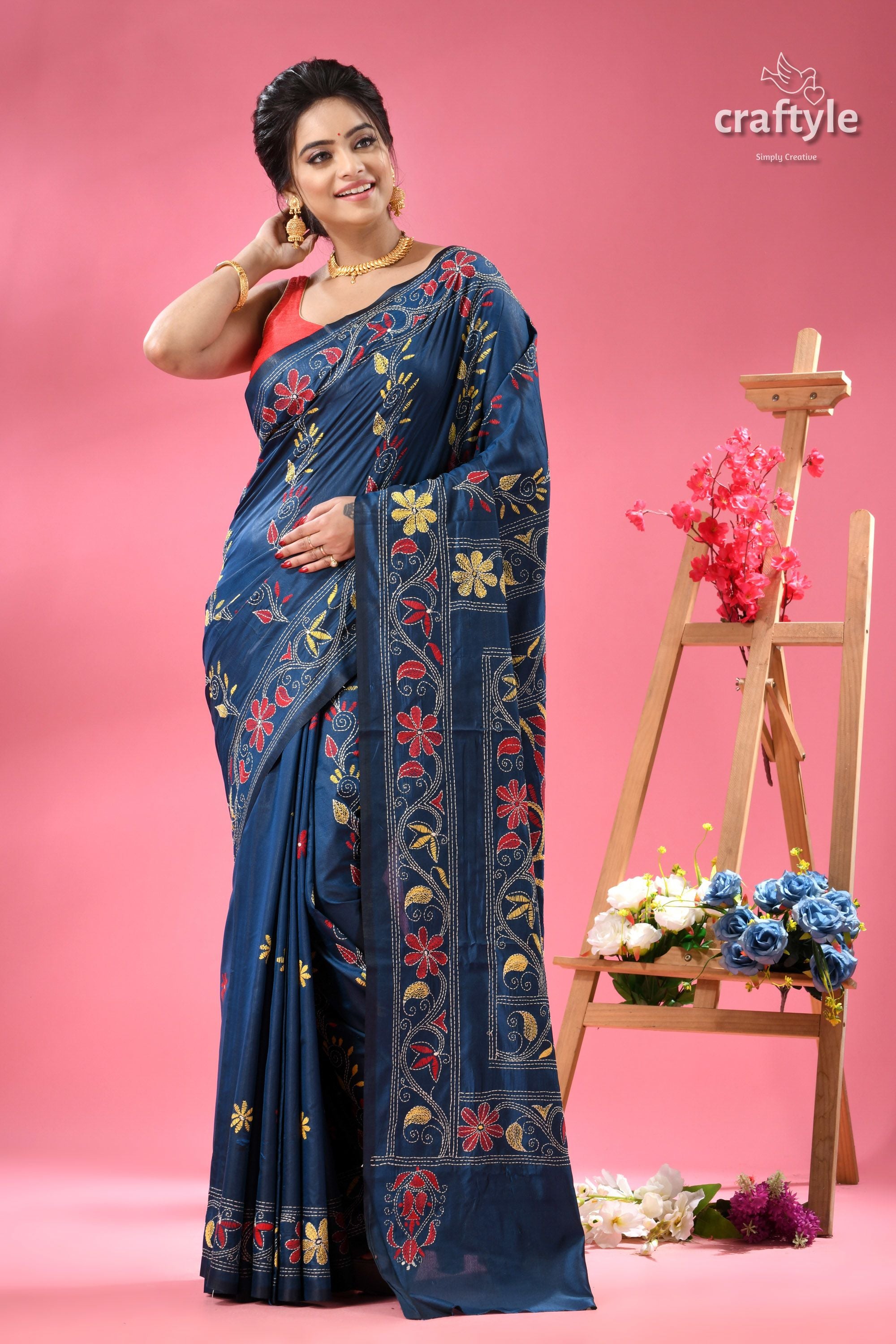 Dark Cerulean Blue Multi-thread Silk Kantha Stitch Saree