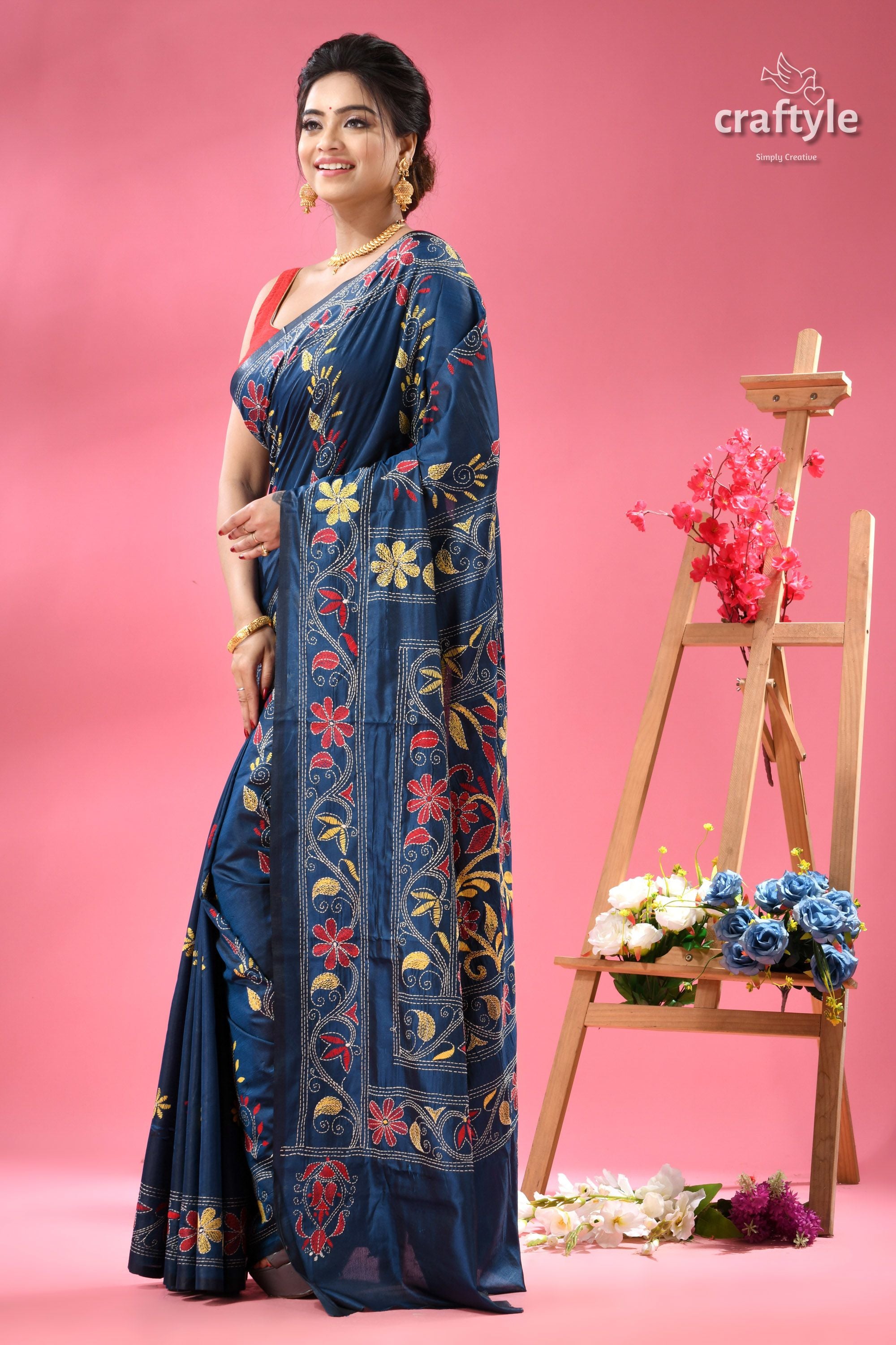 Dark Cerulean Blue Multi-thread Silk Kantha Stitch Saree