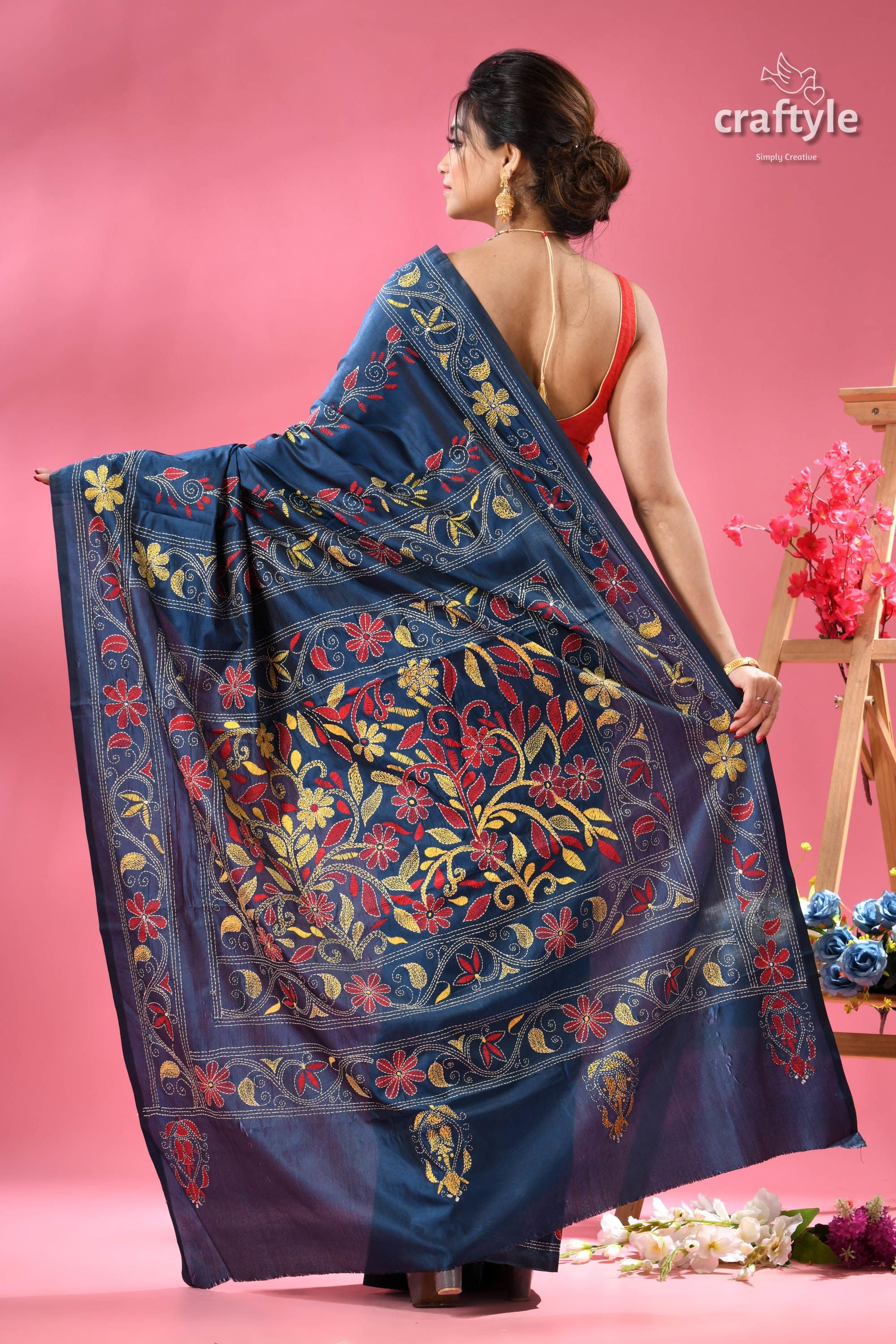 Dark Cerulean Blue Multi-thread Silk Kantha Stitch Saree