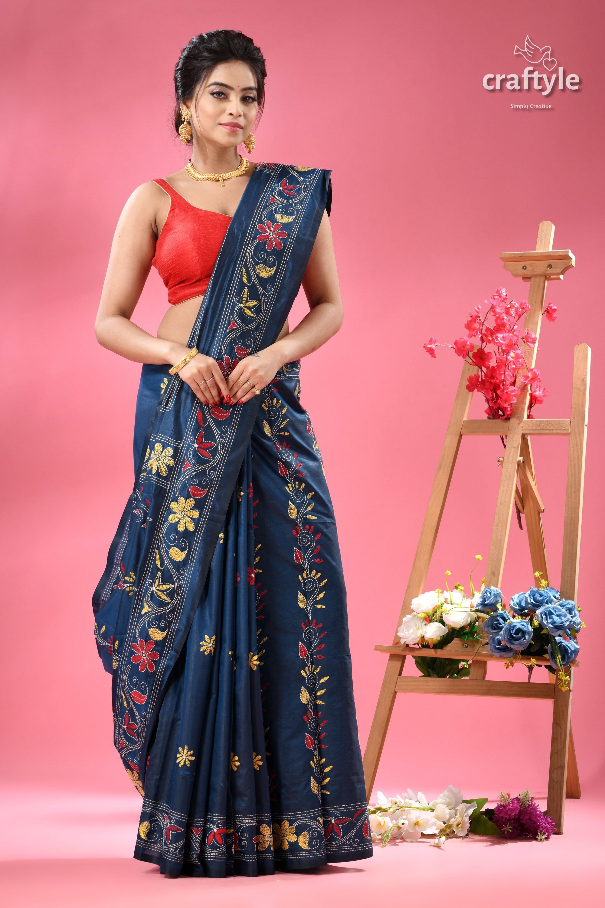 Dark Cerulean Blue Multi-thread Silk Kantha Stitch Saree