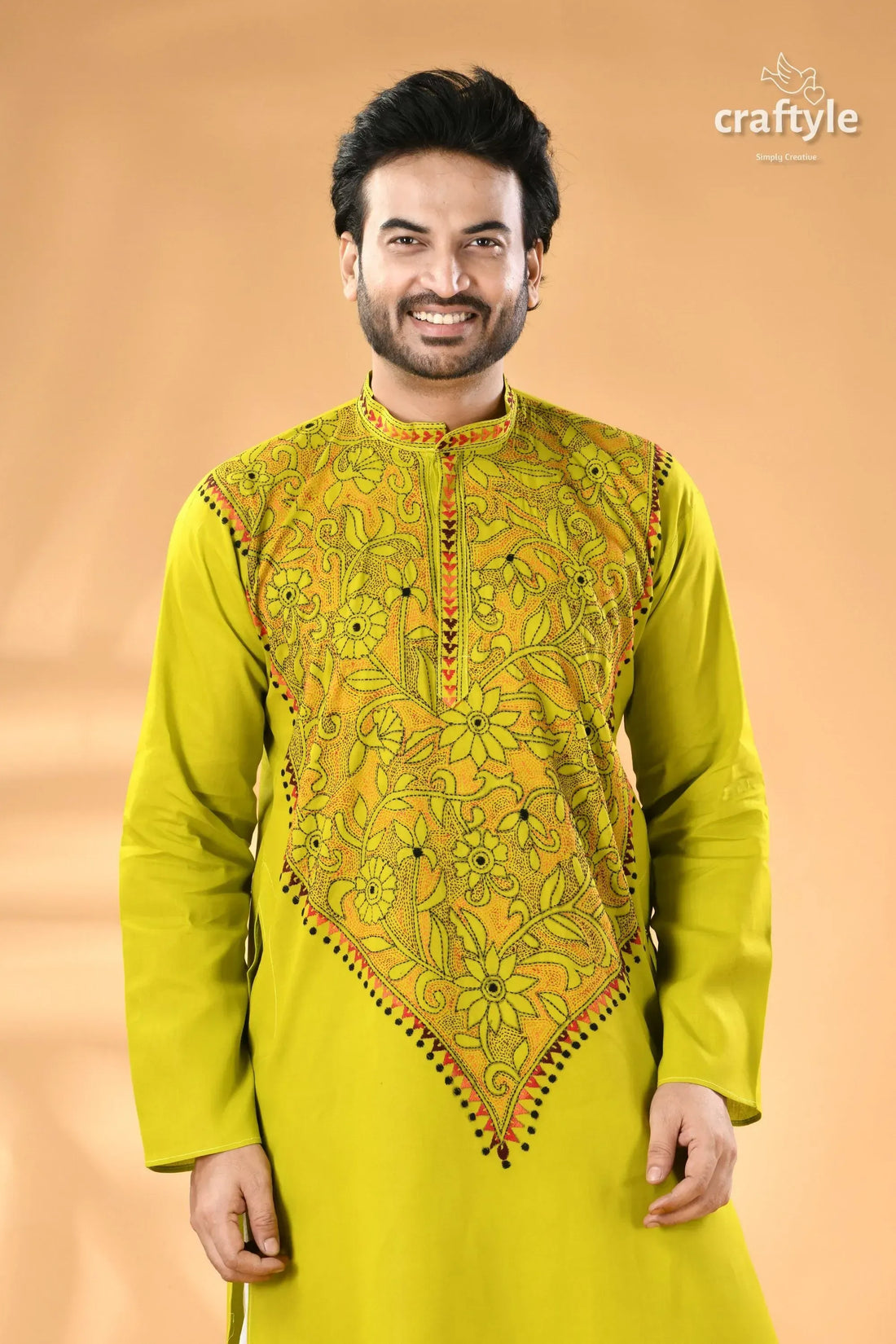 Acid green kantha stitch cotton kurta for men - reverse vibrant lime green kurta intricate 2