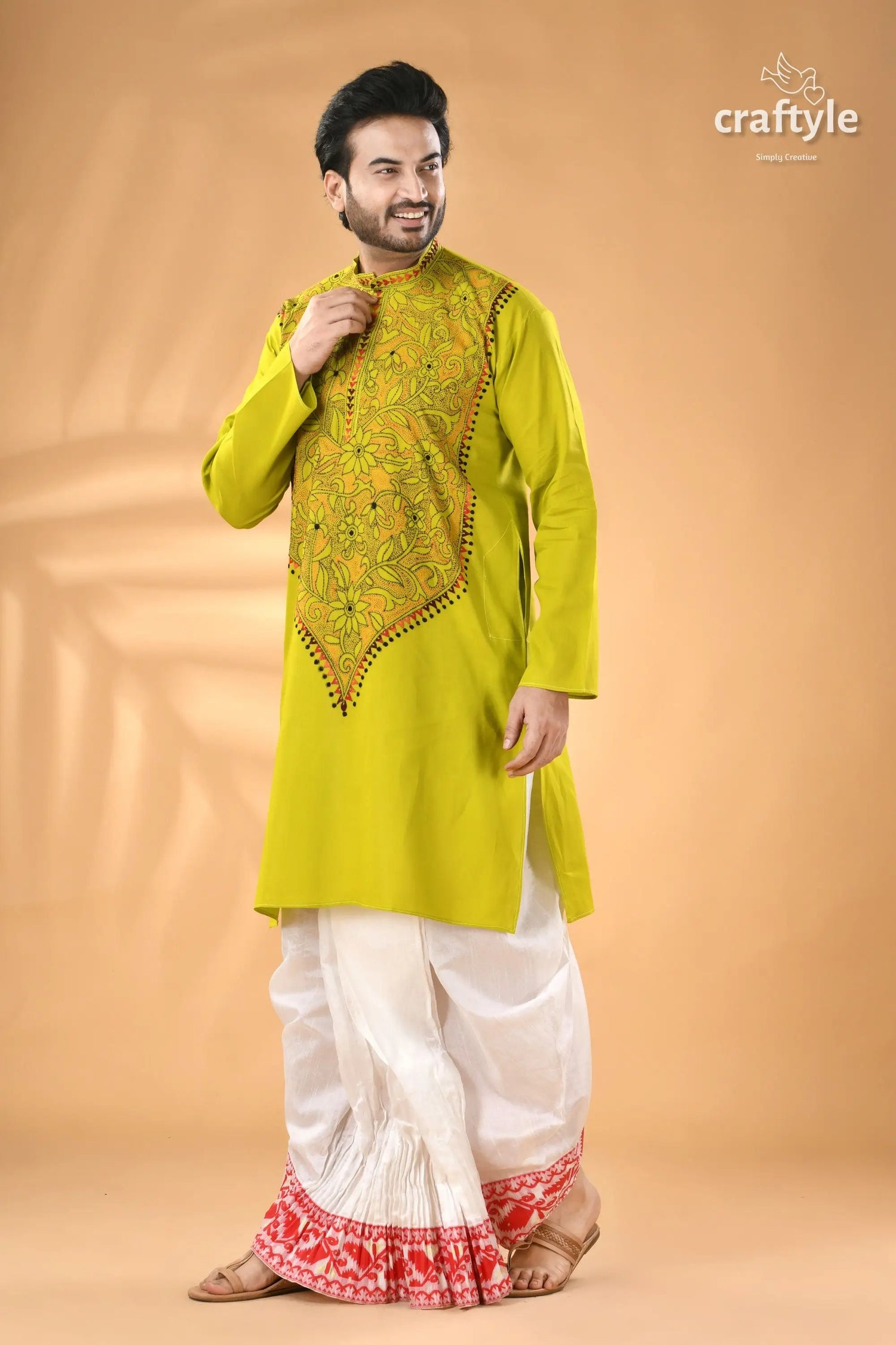 Acid green kantha stitch cotton kurta for men reverse men’s lime green embroidered kurta 4