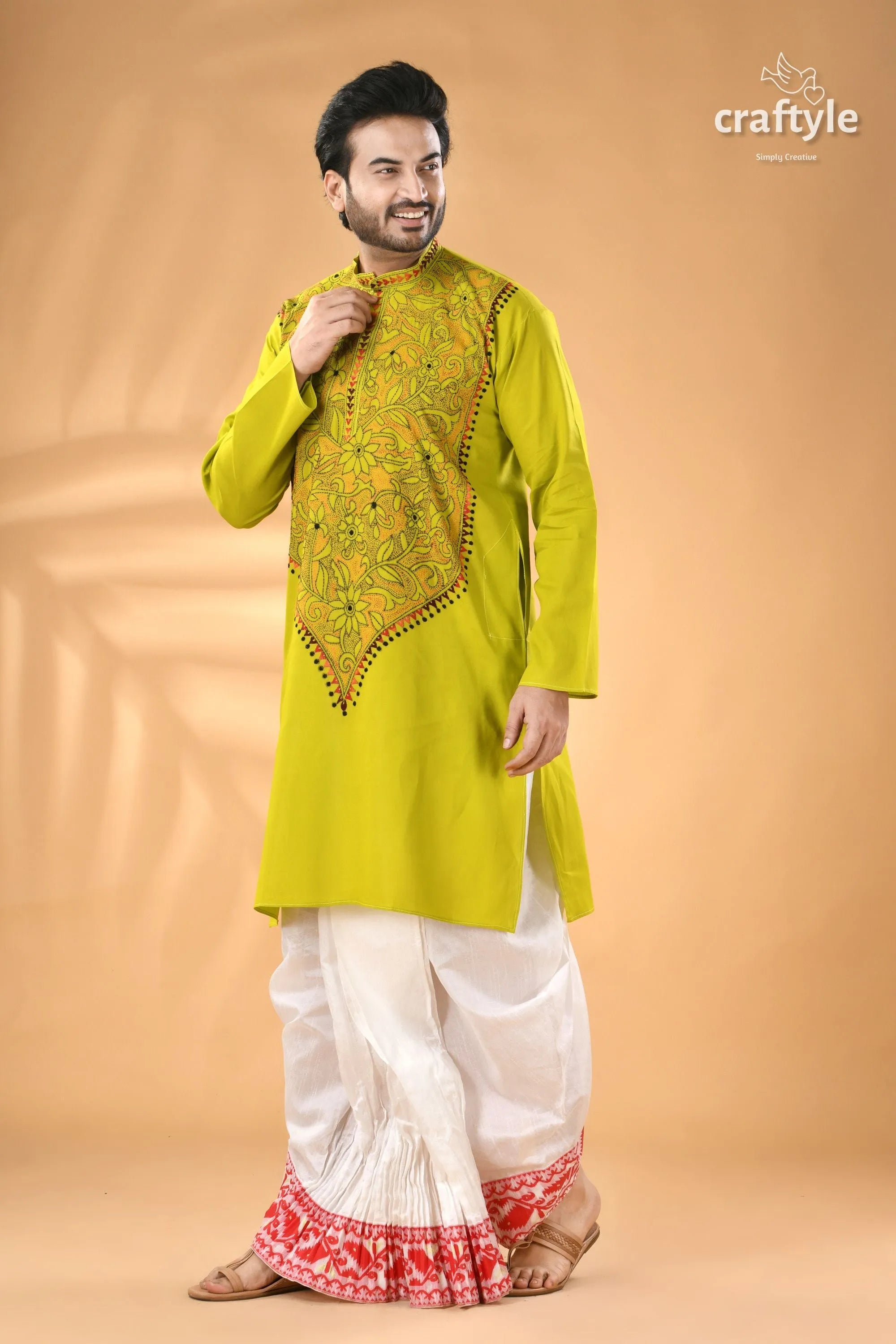 Acid green kantha stitch cotton kurta for men - reverse men’s lime embroidered 4