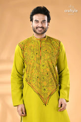 Acid green kantha stitch cotton kurta for men reverse men’s lime green long sleeved kurta 2