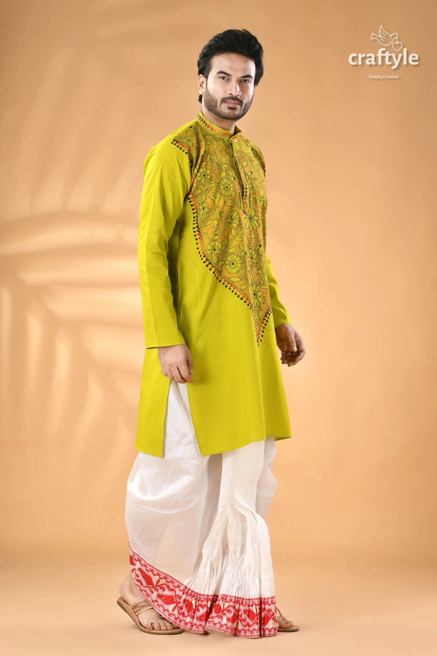 Acid green kantha stitch cotton kurta for men reverse men’s lime green kurta black 3