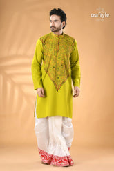 Acid green kantha stitch cotton kurta for men reverse men’s lime green embroidered kurta 5