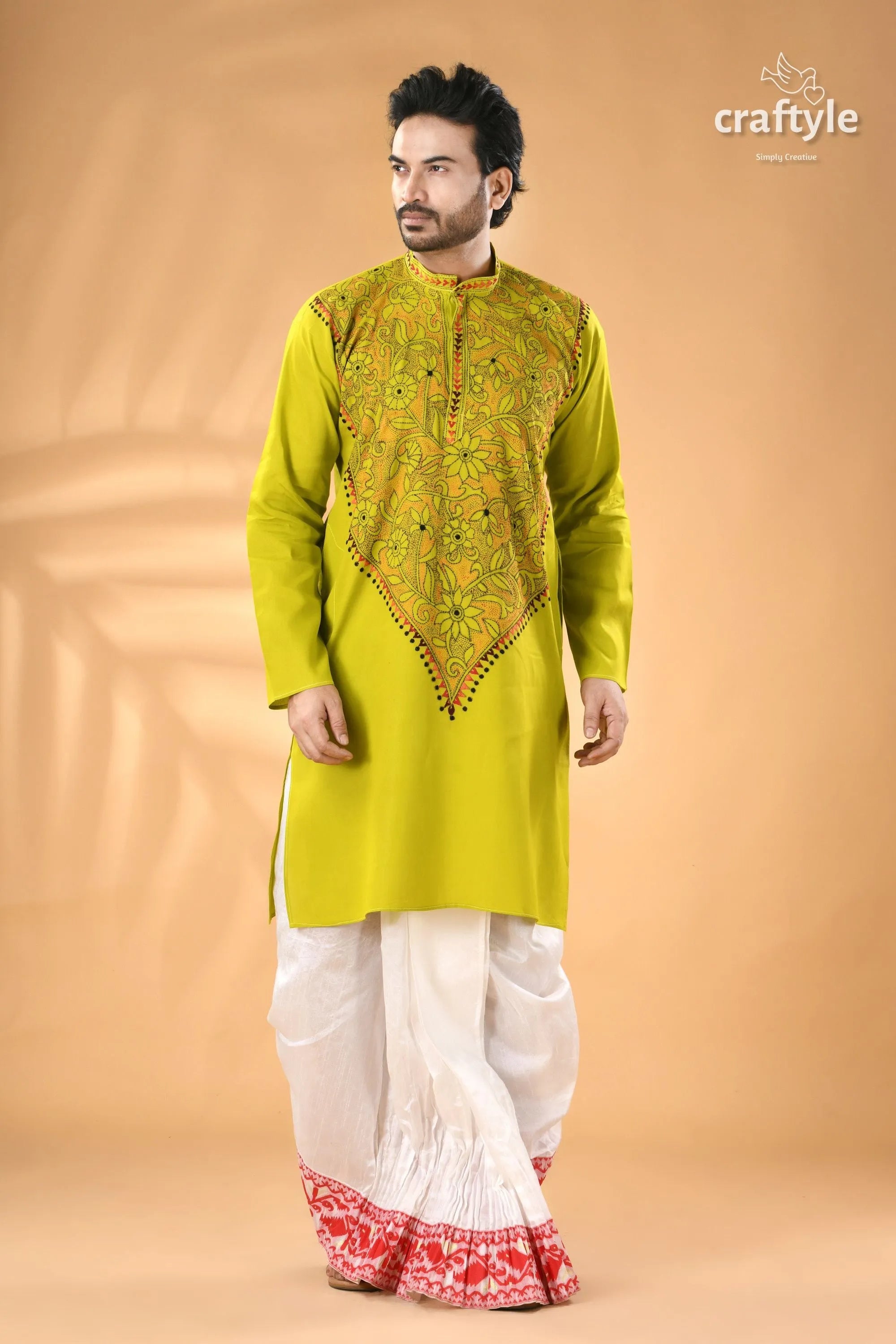 Acid green kantha stitch cotton kurta for men - reverse men’s lime embroidered 5