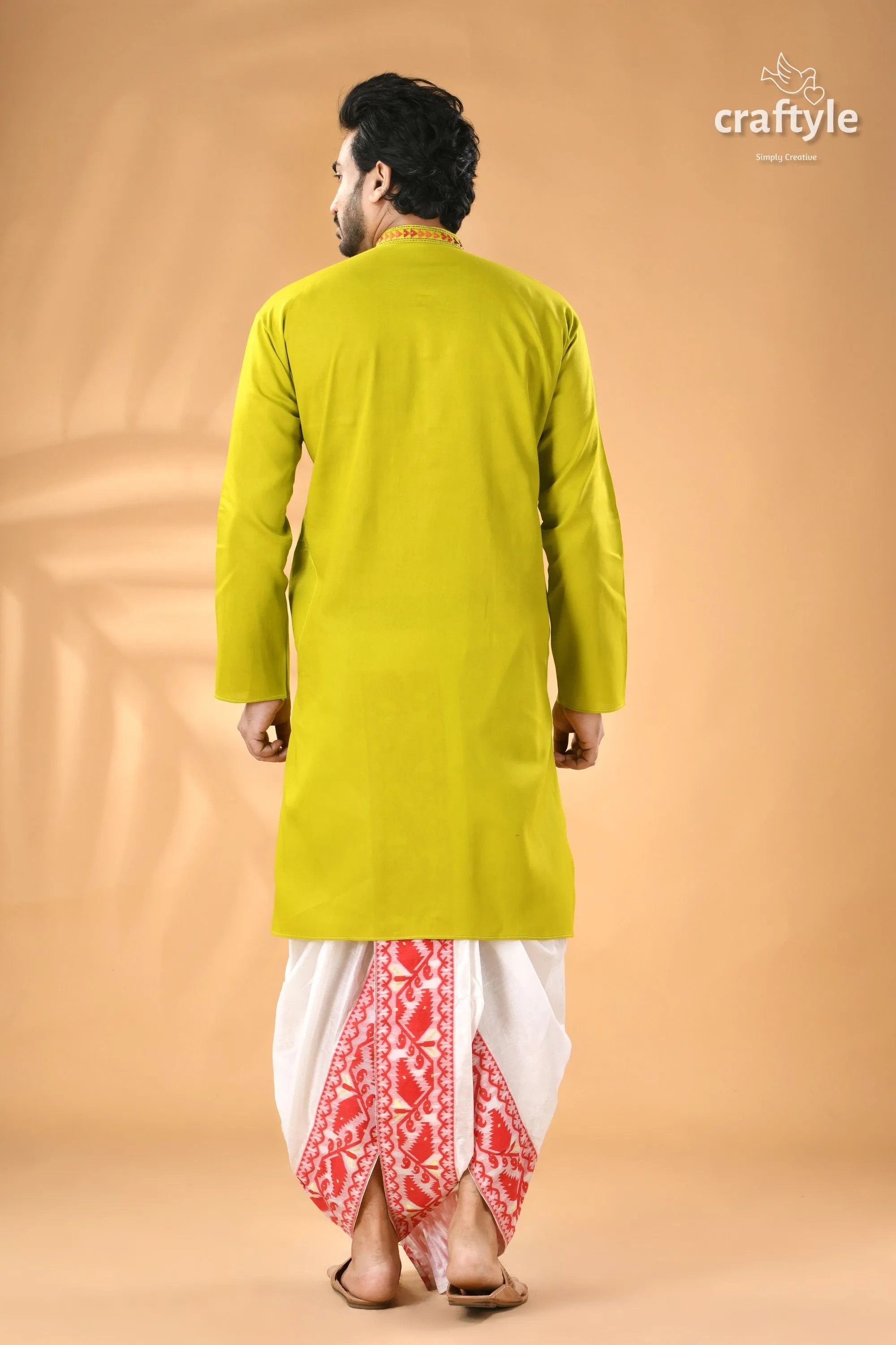 Acid green kantha stitch cotton kurta for men - reverse men’s yellow white dhoti 6