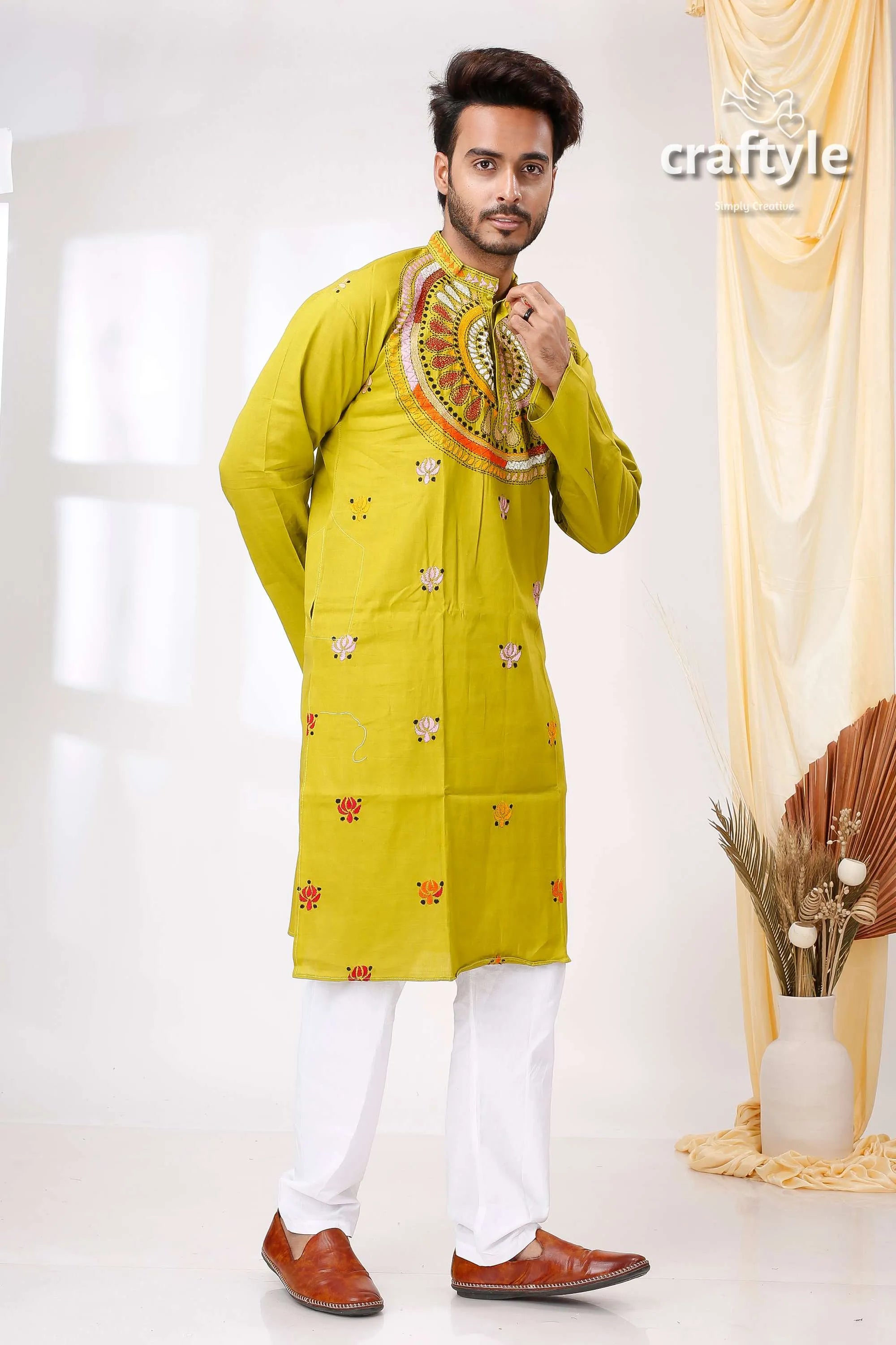 Acid green multicolor thread kantha work cotton kurta for men vibrant lime embroidered 4