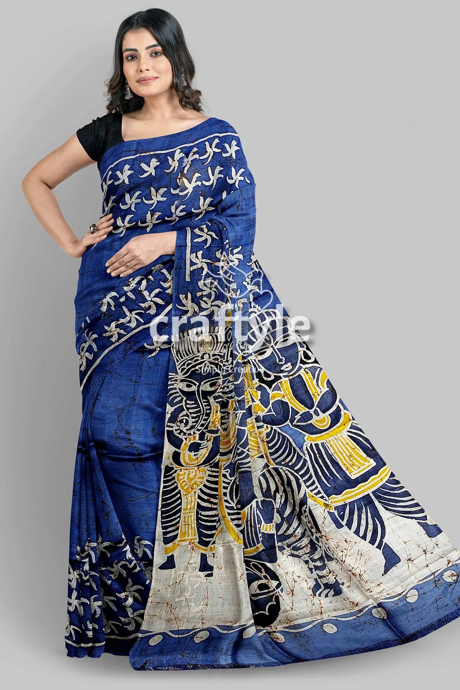 Aegean blue goddess painted hand batik mulberry pure silk durga puja saree woman blue patterned saree 5