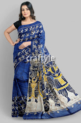 Aegean blue goddess painted hand batik mulberry pure silk durga puja saree woman blue patterned saree 5