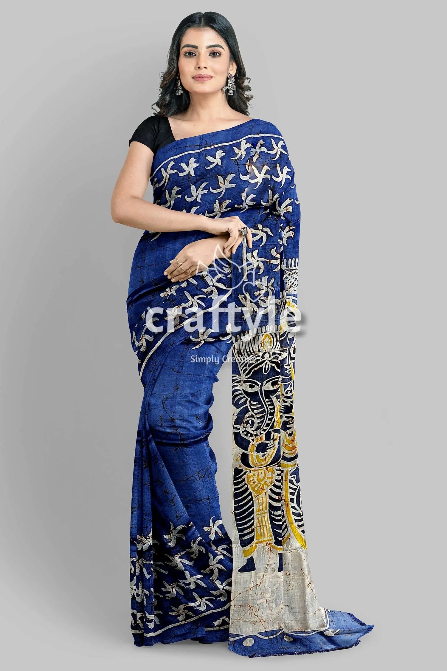 Aegean blue goddess painted hand batik mulberry pure silk durga puja saree blue saree white yellow designs 4