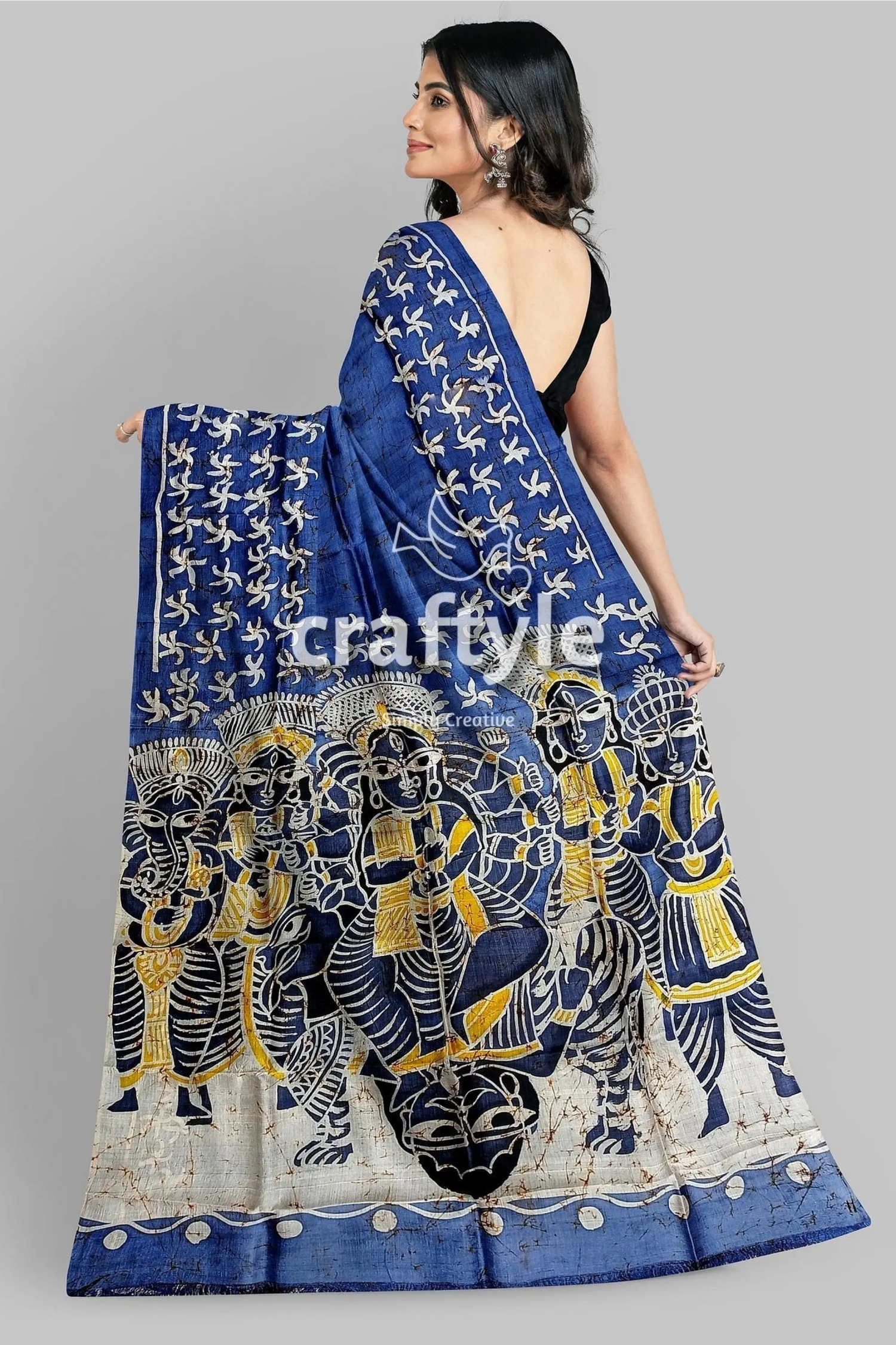 Aegean blue goddess painted hand batik mulberry pure silk durga puja saree blue batik saree figures 6