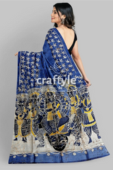 Aegean blue goddess painted hand batik mulberry pure silk durga puja saree blue batik saree figures 6