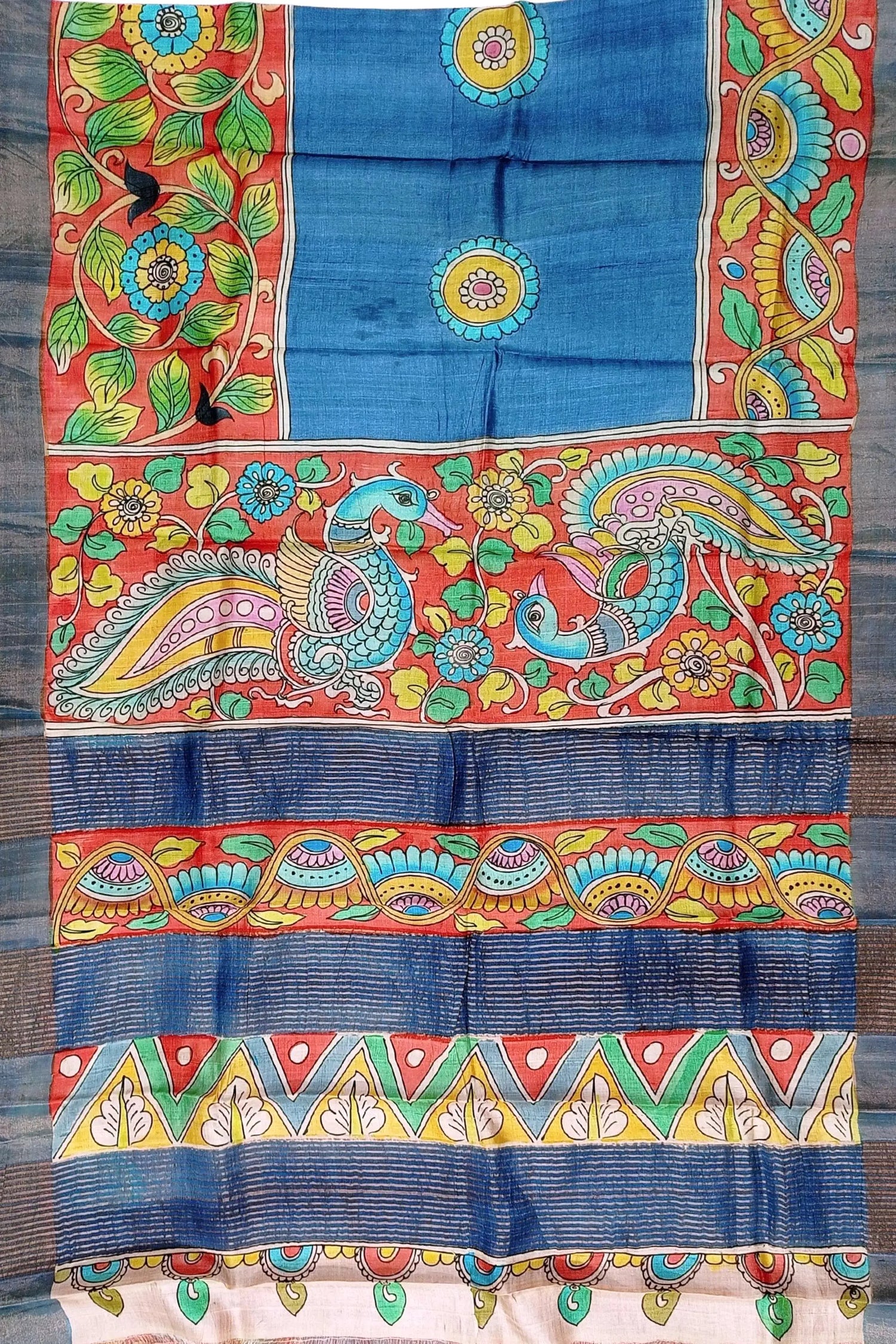 Aegean blue hand painted zari border pure tussar kalamkari sari colorful hand-painted silk saree 5