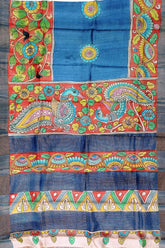 Aegean blue hand painted zari border pure tussar kalamkari sari colorful hand-painted silk saree 5