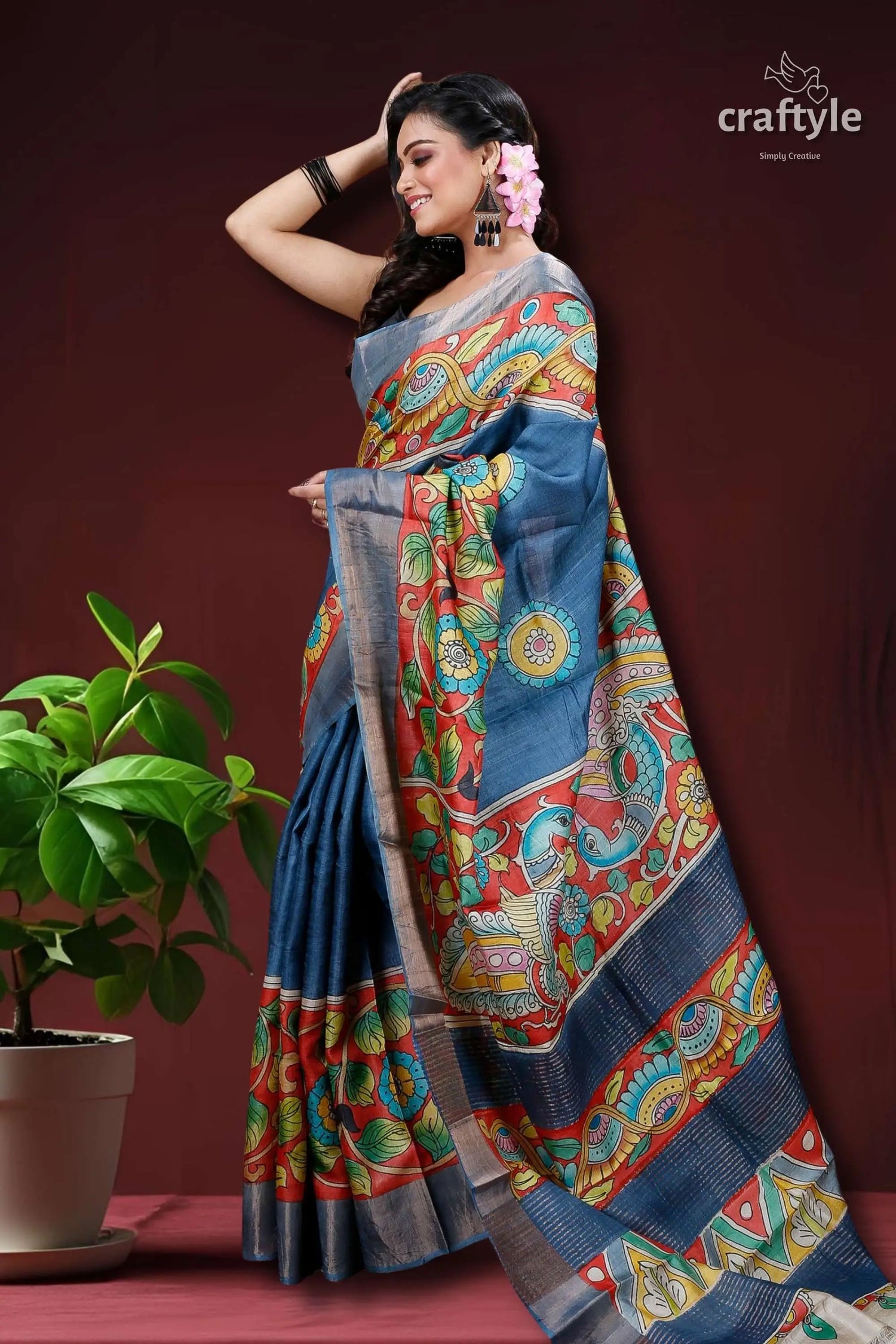 Aegean blue hand painted zari border pure tussar kalamkari sari woman blue red patterned saree 3