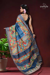 Aegean blue hand painted zari border pure tussar kalamkari sari blue gray saree colorful floral 4