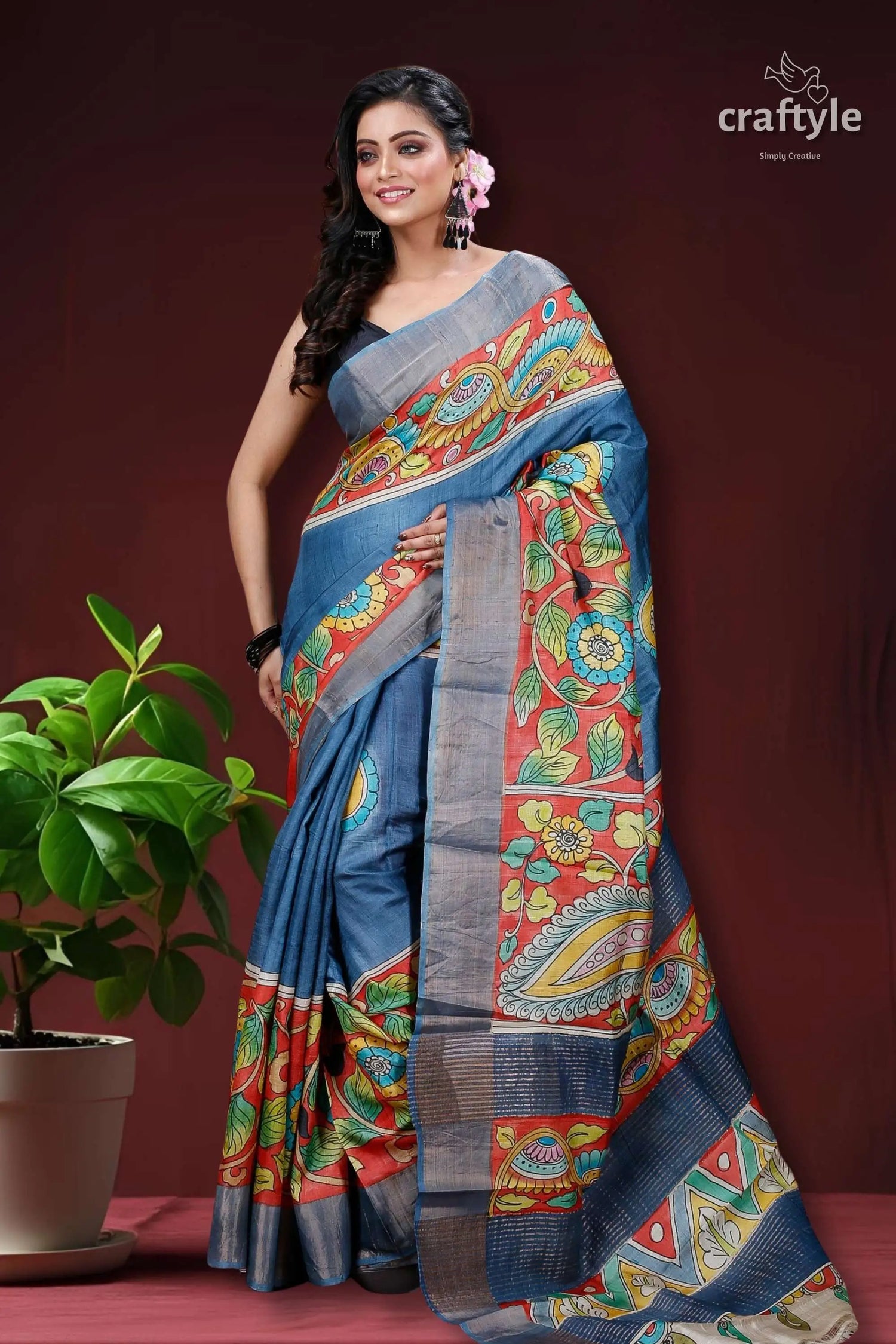 Aegean blue hand painted zari border pure tussar kalamkari sari blue gray saree floral paisley 1