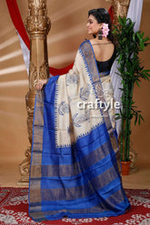 Alabaster white & blue hand block print pure zari tussar saree woman blue cream saree 3