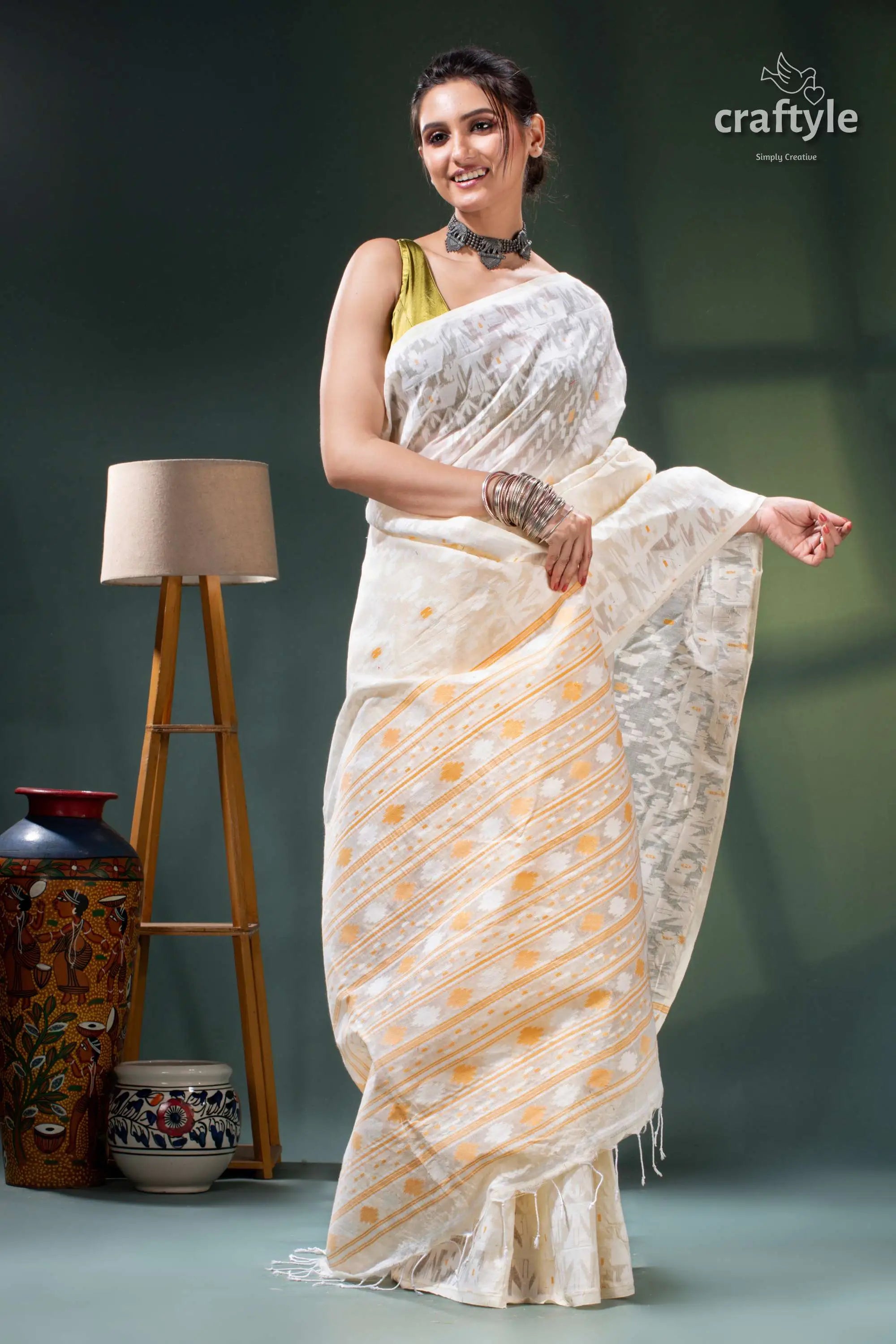 All-over work ivory white cotton jamdani saree - bengal heritage cream yellow polka dot saree 5