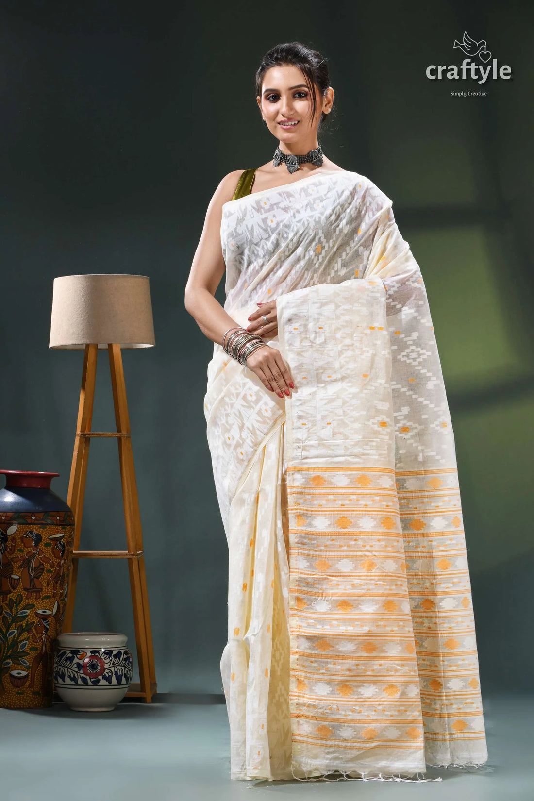 All-over work ivory white cotton jamdani saree - bengal heritage cream yellow intricate patterns 1