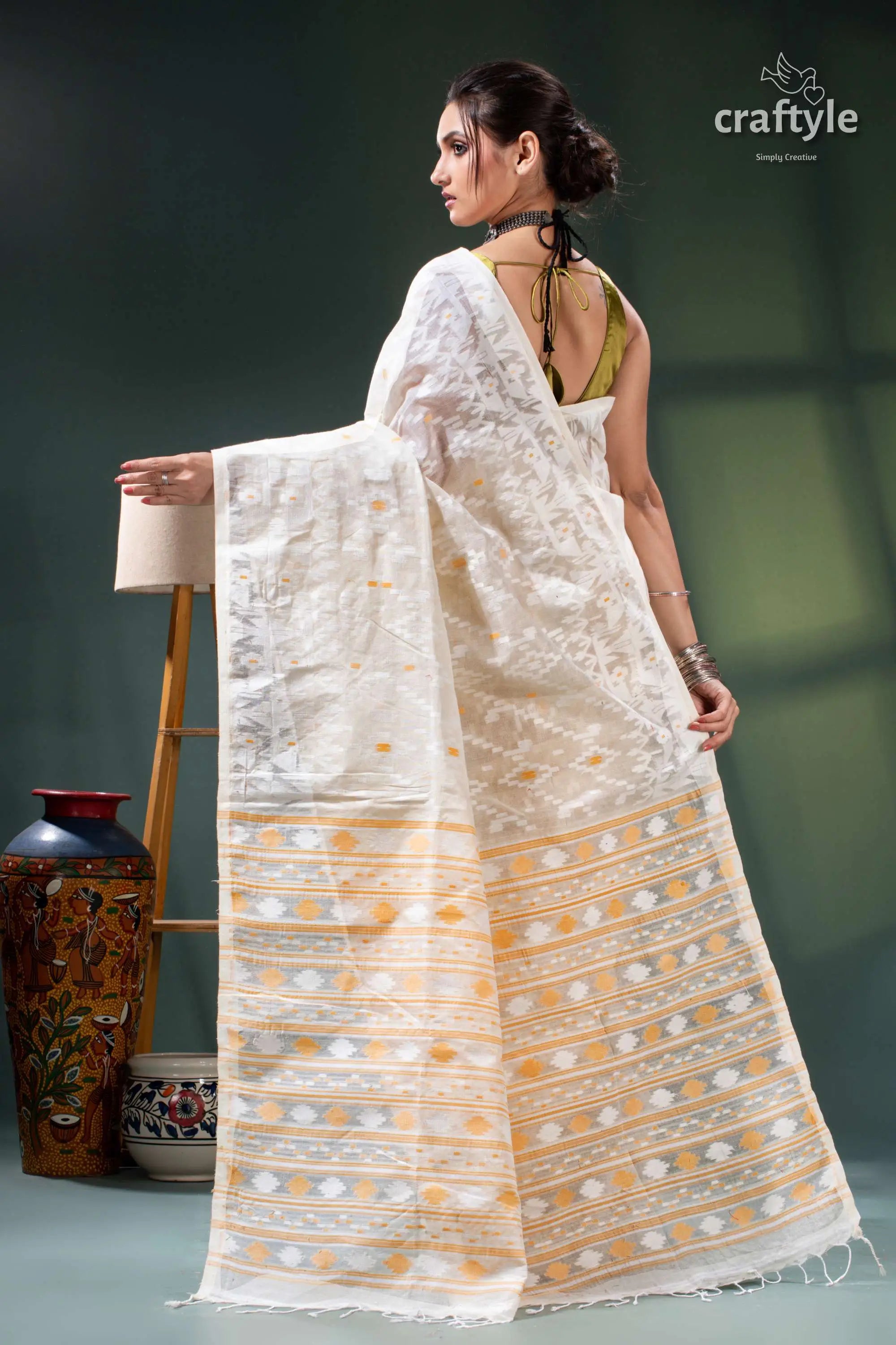 All-over work ivory white cotton jamdani saree - bengal heritage white gold brocade saree intricate 6