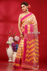 Almond-fuchsia elegant bengal jamdani saree woman yellow pink patterned saree 3