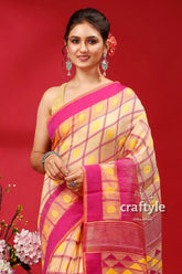 Almond-fuchsia elegant bengal jamdani saree woman pink yellow patterned saree 2