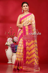 Almond-fuchsia elegant bengal jamdani saree woman pink yellow patterned saree 1