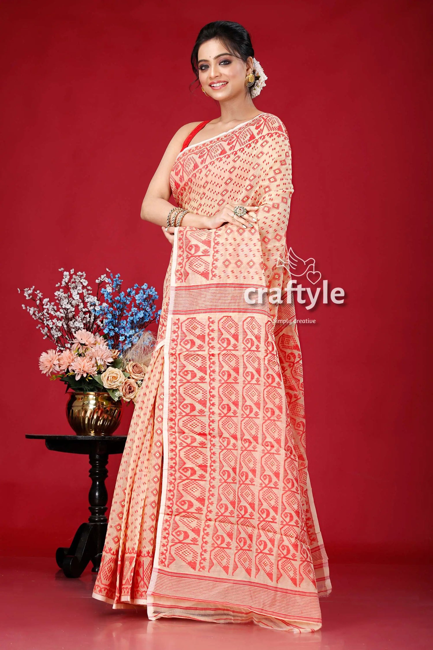 Almond red traditional jamdani saree woman patterned saree 3