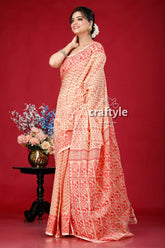 Almond red traditional jamdani saree peach-colored saree red paisley patterns 4