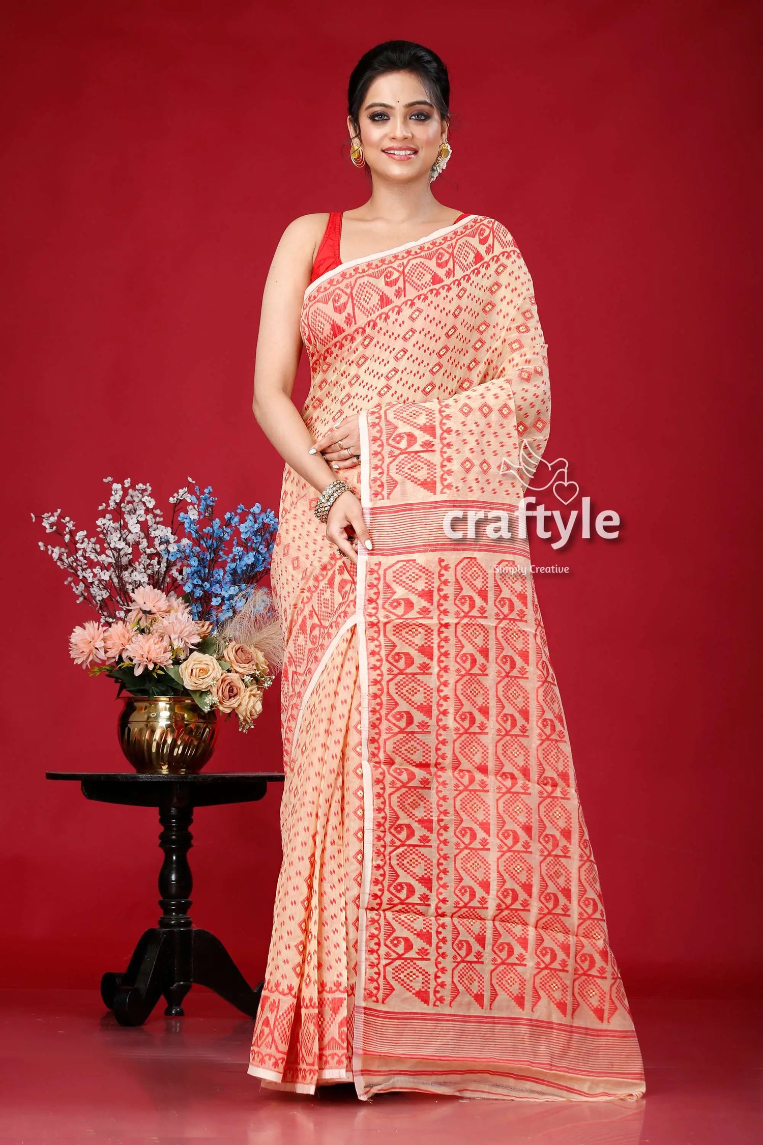 Almond red traditional jamdani saree woman patterned saree 1