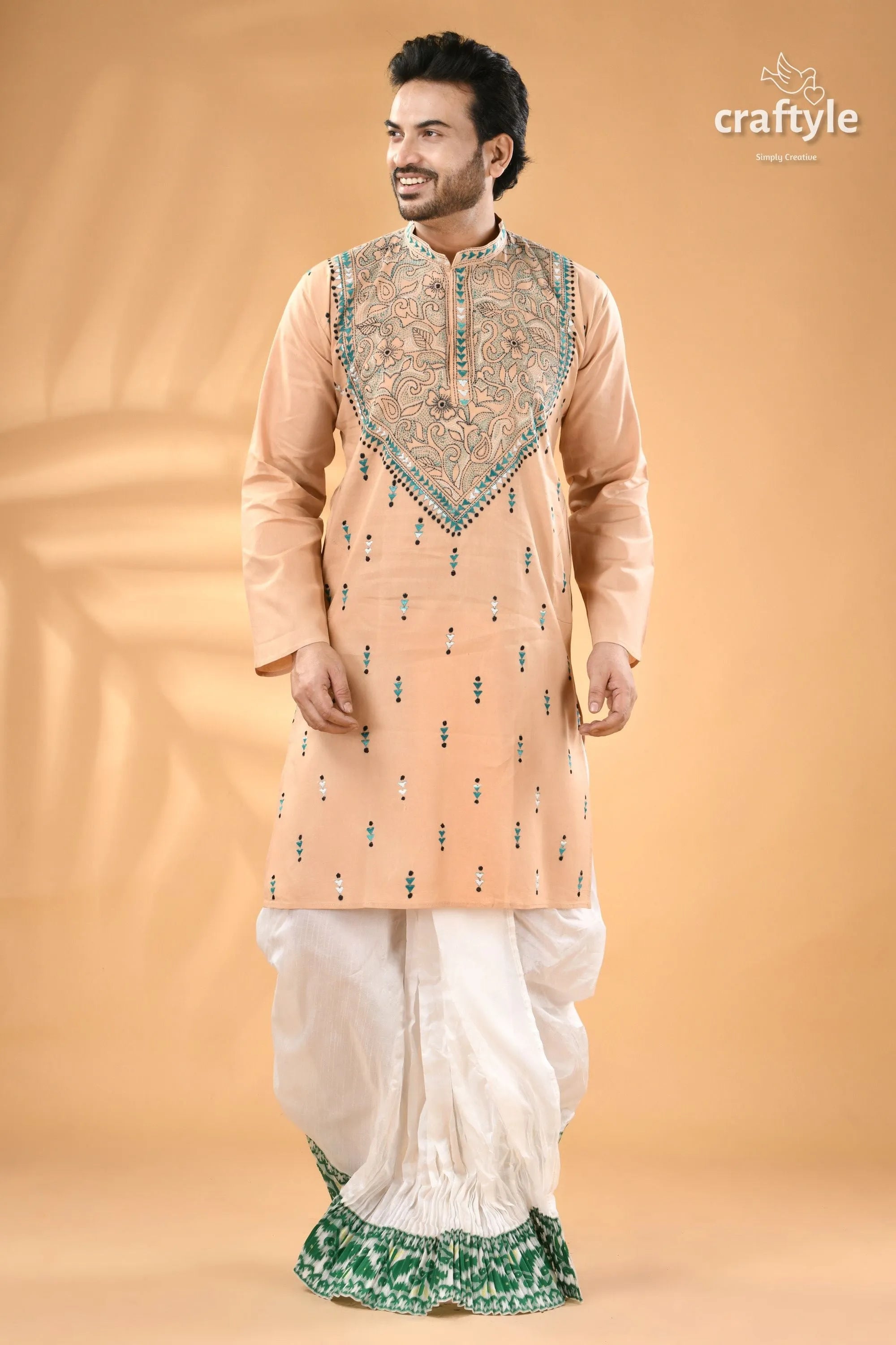 Almond white designer cotton panjabi for men - reverse kantha stitch men’s peach-colored embroidered kurta 5