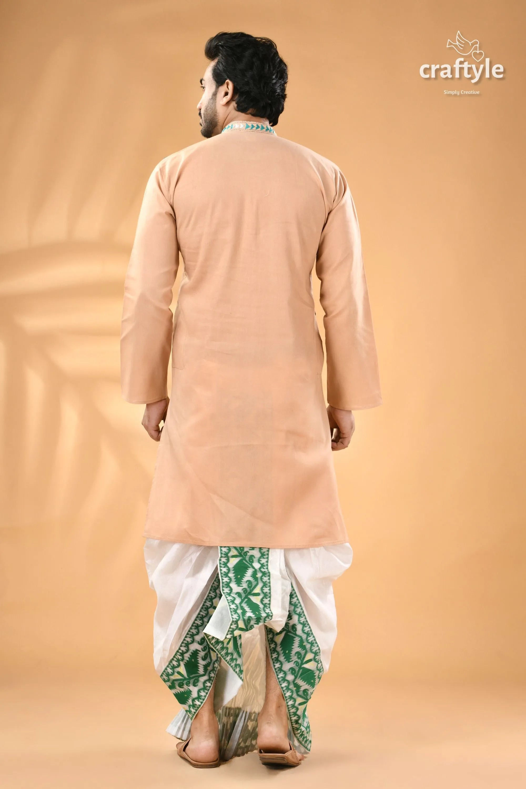 Almond white designer cotton panjabi for men - reverse kantha stitch men’s peach-colored kurta dhoti 6